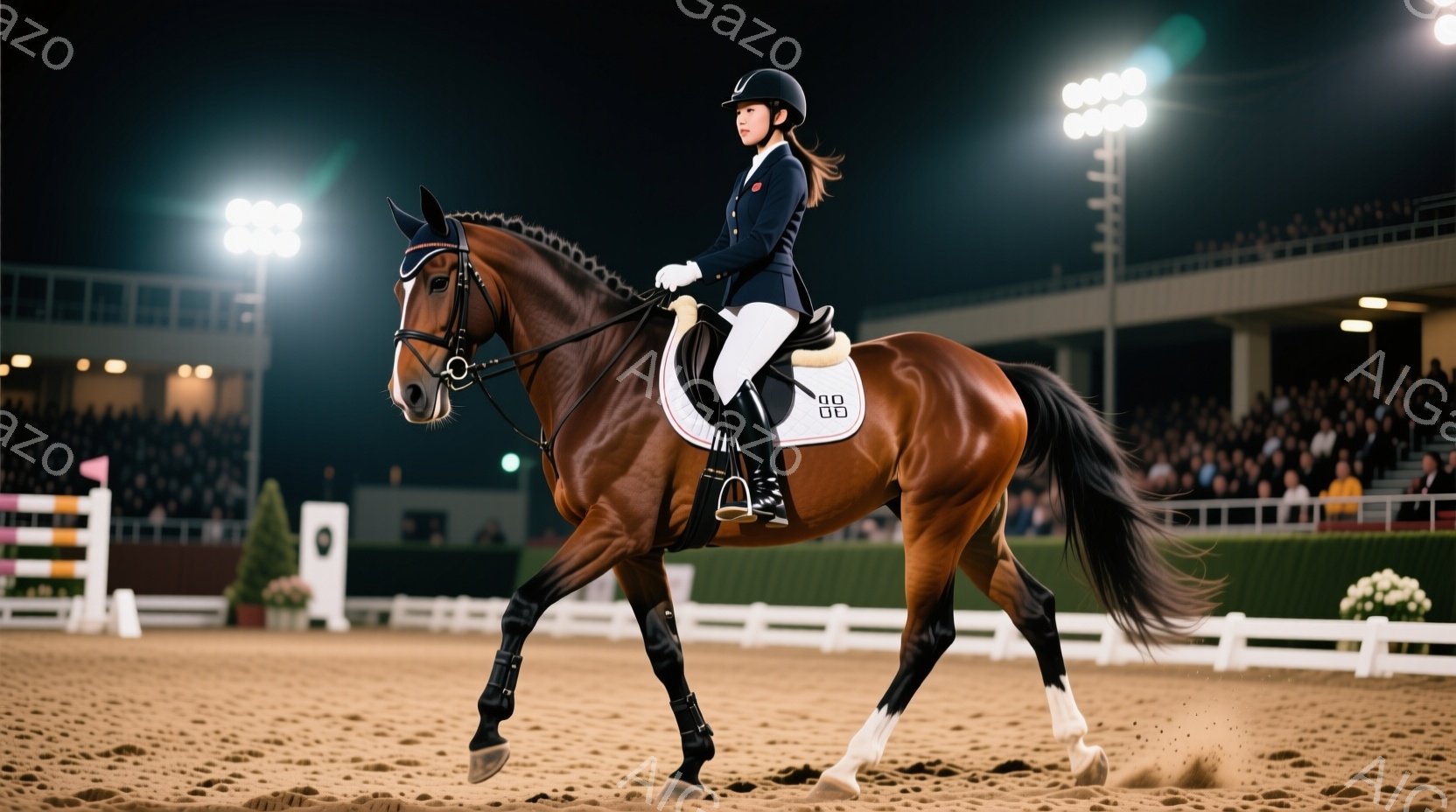 栗色の馬に乗った女性競技者が競技場を堂々と歩いている。彼女は黒いヘルメットとジャケット、白いズボン、膝丈のブーツを着用し、髪は後ろでまとめられている。競技場は観客席で埋め尽くされ、競技用の障害物が設置されており、夜間の照明が明るい雰囲気を演出している。