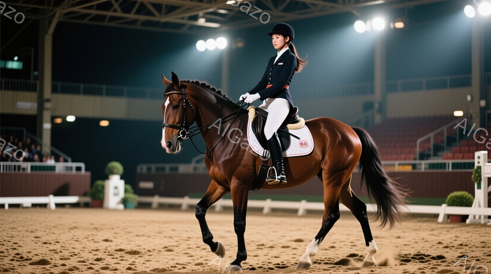 茶色の馬に乗った女性競技者が、屋内競技場で優雅に歩いている様子が捉えられています。彼女は黒いジャケットと白いズボン、そして黒い帽子を着用し、集中した表情で馬を操っています。競技場の観客席は薄暗く、競技 - AI生成フリー素材