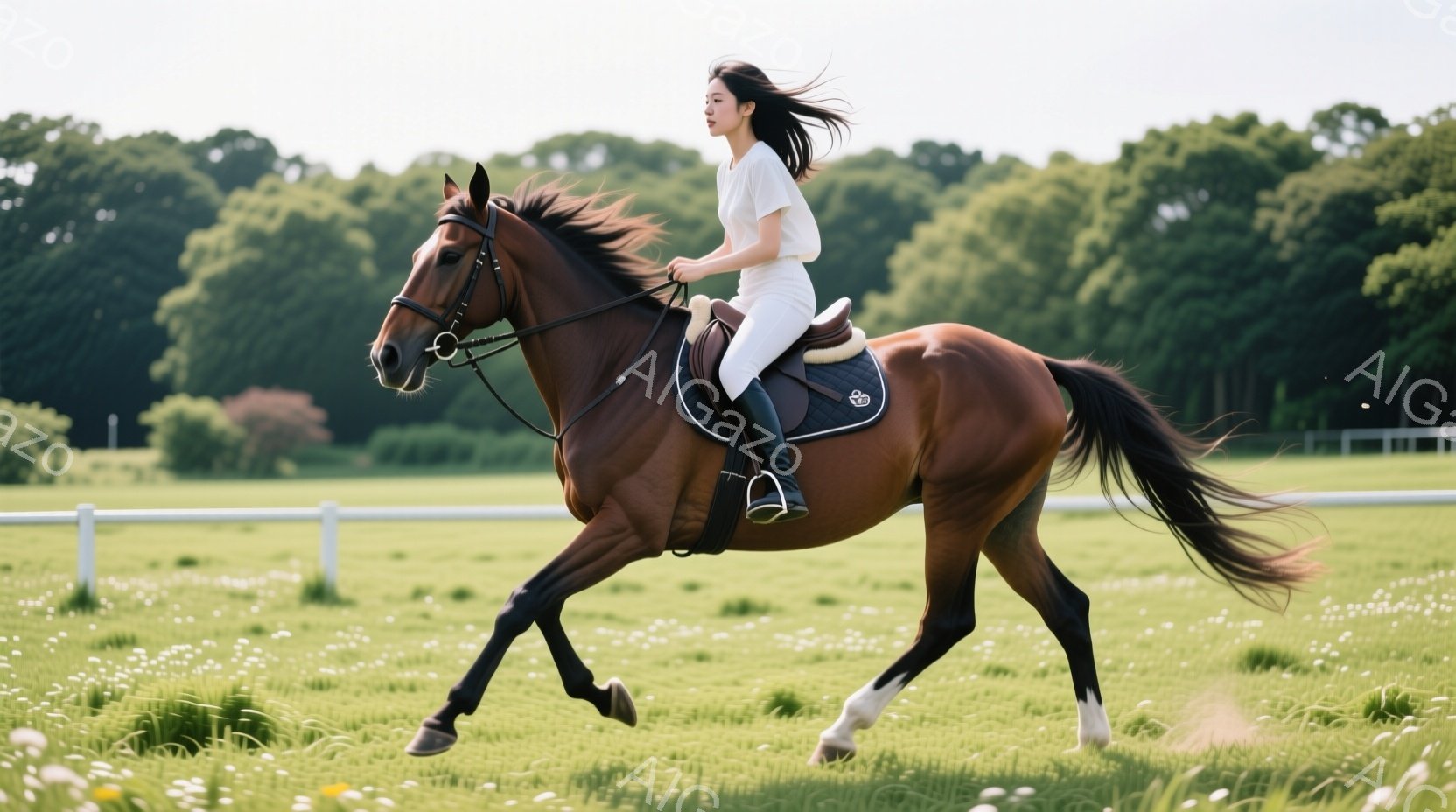 赤毛の馬が緑の草原を疾走しており、その背中には白いシャツと白いパンツの女性が乗っている。女性は髪を後ろで束ね、前方をまっすぐ見据え、力強い姿勢で馬に乗りこなしている。背景には木々が茂り、晴れた空の下、 - AI生成フリー素材