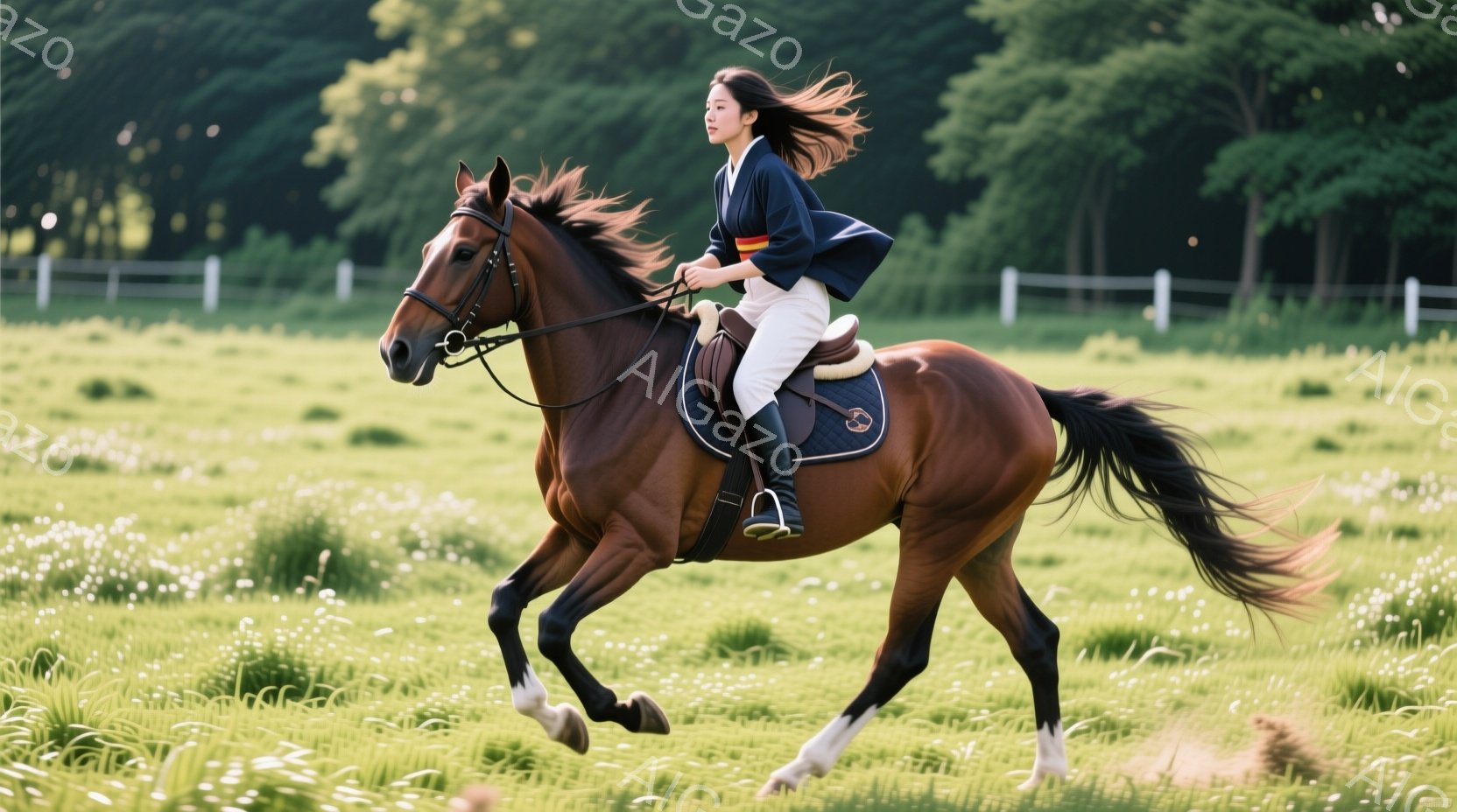 栗色の馬が緑豊かな草原を疾走している。女性は白いズボンと濃い青色のジャケットを着用し、髪は風になびいている。背景には白いフェンスと緑の木々が見え、晴れた日の穏やかな雰囲気を醸し出している。
