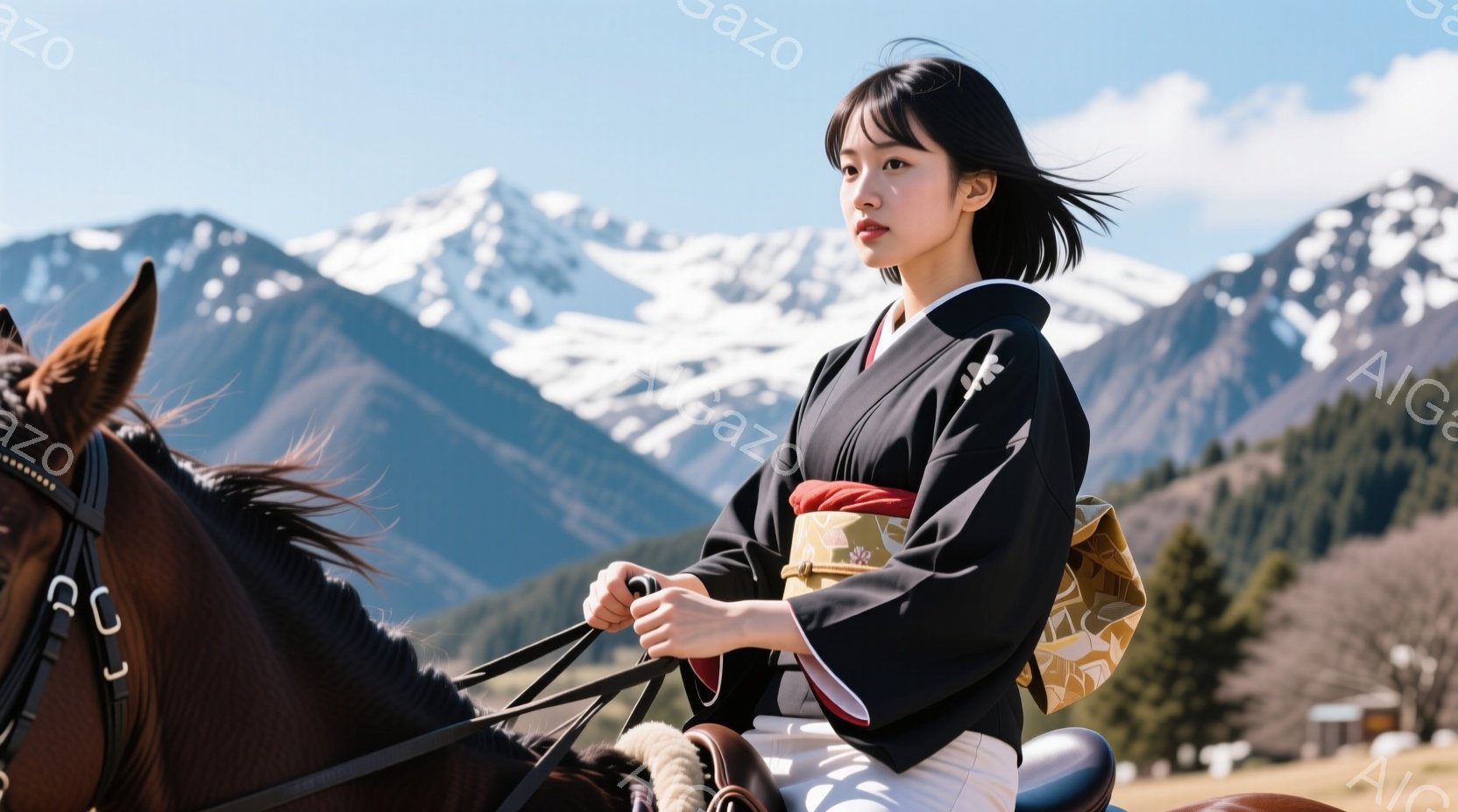 黒い着物を着た若い女性が馬に乗っている様子が写っている。彼女は髪を後ろでまとめ、表情は穏やかで、少し微笑んでいるように見える。背景には雪を抱いた山々が広がり、晴天の下、自然豊かな風景が広がっている。 - AI生成フリー素材