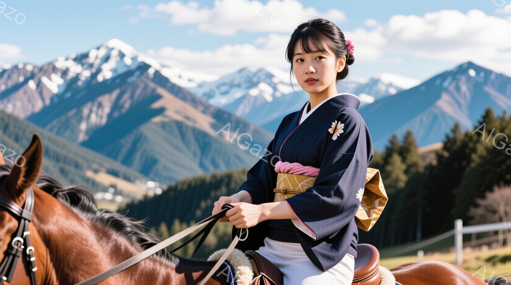 深い藍色の着物と白いズボンを身につけた女性が馬に乗っています。彼女は髪を後ろでまとめ、穏やかな表情で遠くを見つめています。背景には雪を抱いた山々と緑の木々が広がり、晴天の下、穏やかで自然豊かな雰囲気が - AI生成フリー素材