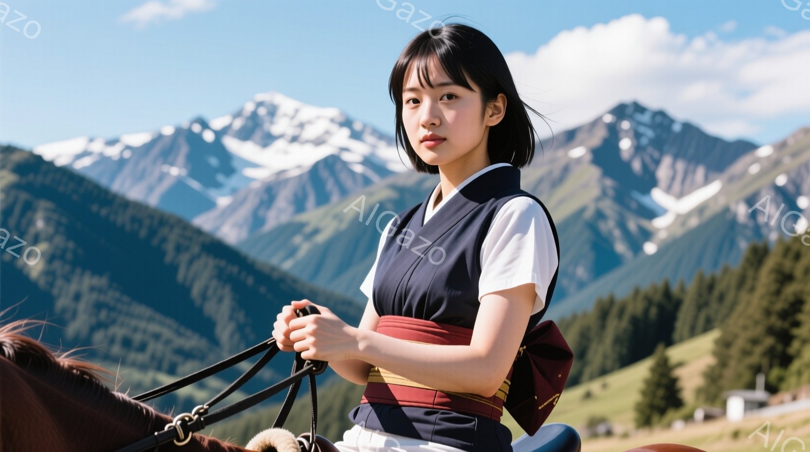 若い女性が馬に乗って草原を歩いている。白いシャツに濃い青のベストと赤い腰紐を締め、黒髪のショートヘアは少し無造作に整えられている。背景には雪を抱いた山々が広がり、晴天の下、緑豊かな自然と青空が広がって - AI生成フリー素材