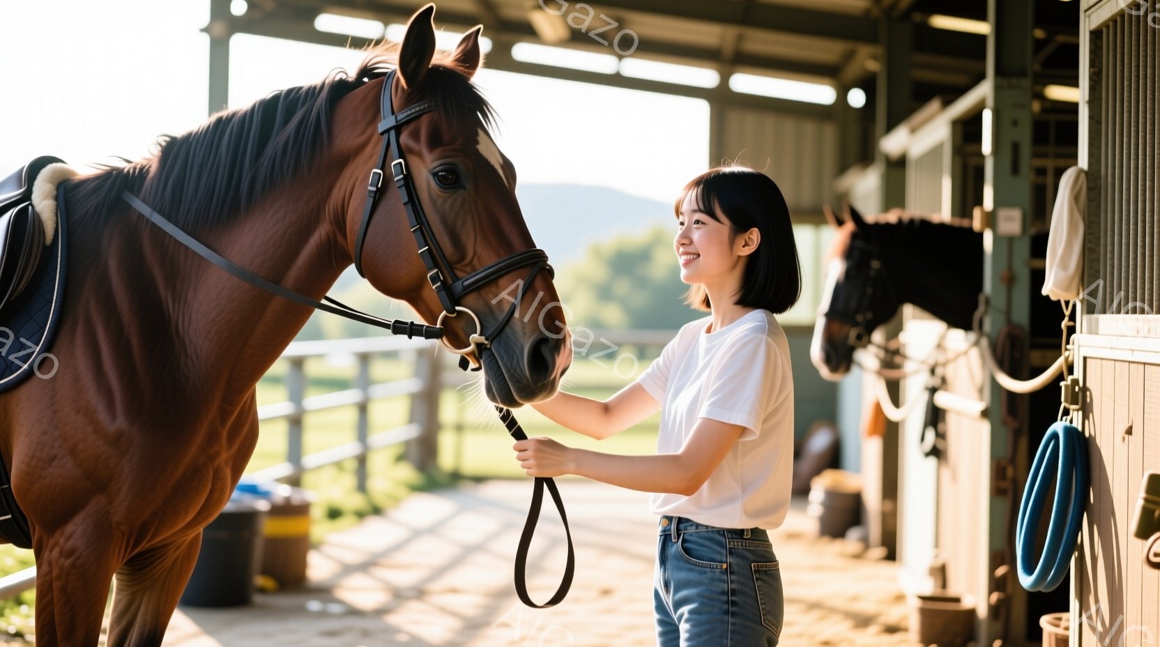 茶色の馬が納屋の中で立っており、若い女性が馬の隣に立ってリードを握っています。彼女は白いTシャツとジーンズを着ており、短くダークブラウンのヘアスタイルで微笑んでいます。背景には他の馬の姿が見え、晴れた日の穏やかな雰囲気が漂っています。