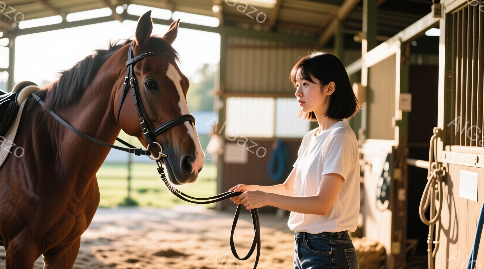 栗色の馬が正面を向き、若い女性がその横に立ってリードを持っています。女性は白いTシャツとジーンズを着ており、黒髪のショートヘアです。背景は馬小屋で、馬房が見え、明るい光が差し込んでおり、穏やかで平和な - AI生成フリー素材