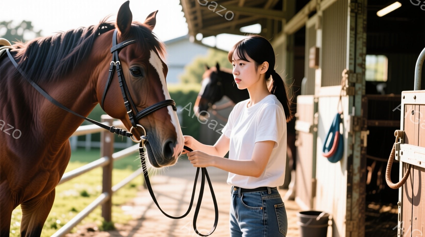 若い女性が茶色の馬の横に立っており、手綱を持っています。彼女は白いTシャツとジーンズを着て、ポニーテールに髪をまとめています。背景には馬小屋があり、他の馬もわずかに見え、全体的に穏やかで牧歌的な雰囲気です。