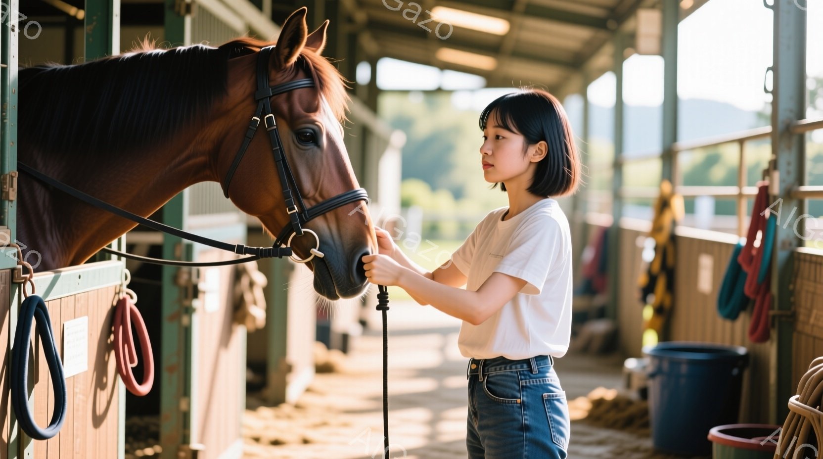 若い女性が茶色の馬の横に立っており、馬の頭を優しく撫でています。彼女は白いTシャツとデニムのズボンを着用し、短くダークブラウンのヘアスタイルです。背景は木製の馬小屋で、馬具や道具が整理されており、明るい日差しが差し込み、穏やかで平和な雰囲気を醸し出しています。