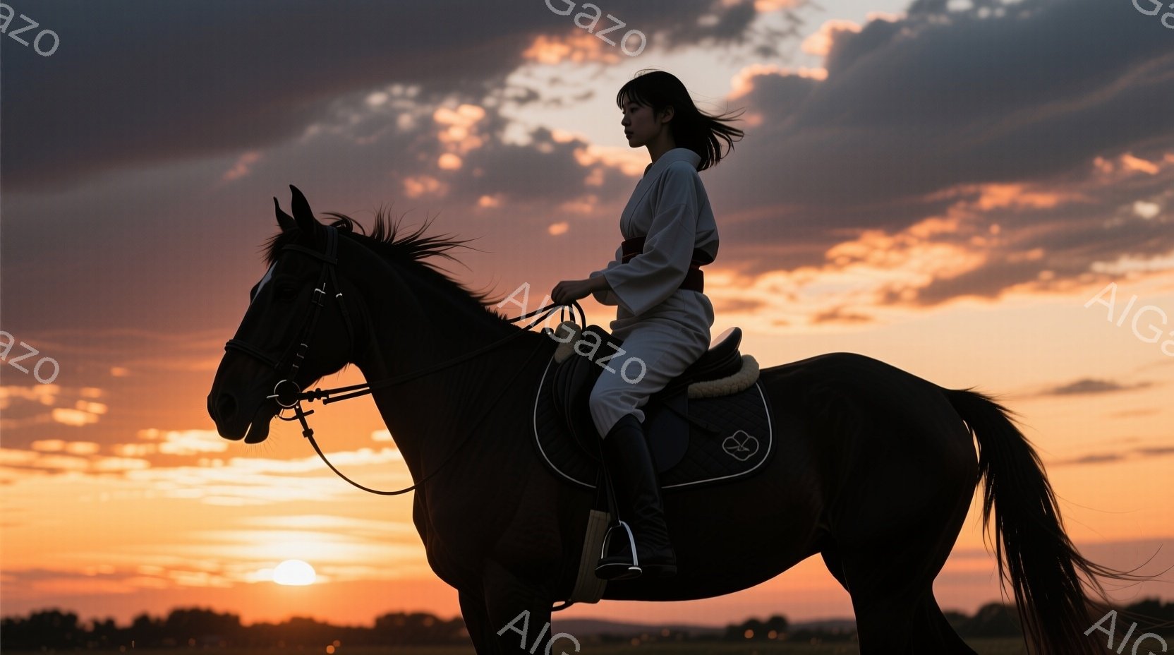 黒い馬に乗った女性がシルエットで描かれている。彼女は白いシャツと濃い色のズボンを着用し、髪は後ろで結ばれている。背景は夕焼けに染まり、空はオレンジ色と紫色のグラデーションで、馬と女性の姿を際立たせ、静 - AI生成フリー素材