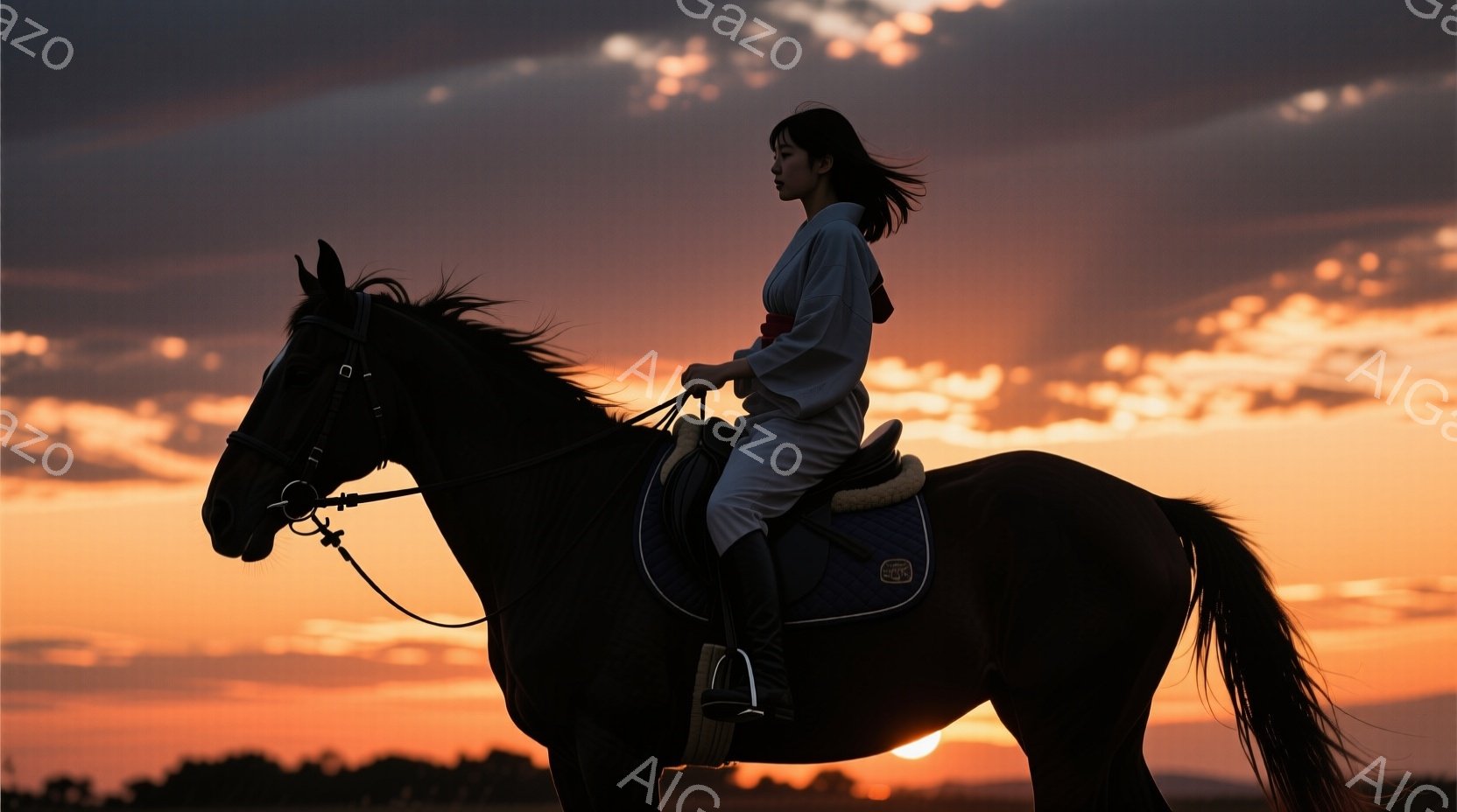 夕焼けを背景に、黒い馬に乗った女性が描かれている。女性は白の着物と赤い帯を身につけ、ロングヘアが風になびいている。馬は草原を歩いており、夕焼けが空をオレンジ色と赤色に染め上げ、神秘的で静かな雰囲気を醸 - AI生成フリー素材