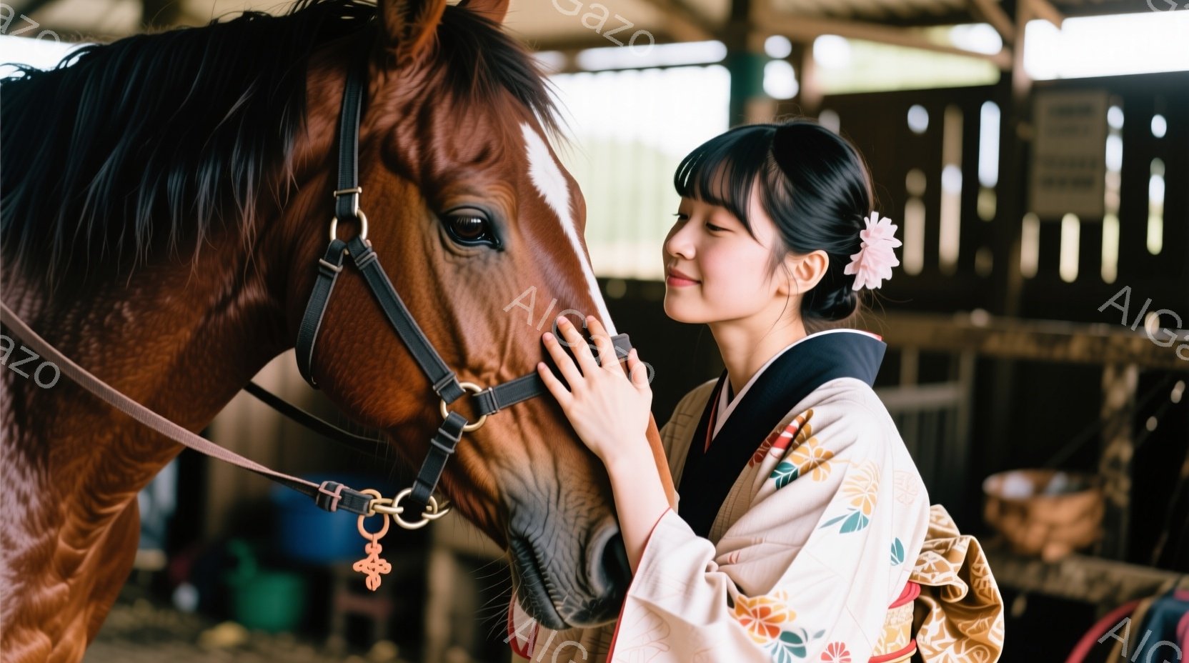 若い女性が、茶色の馬の顔に優しく触れ、寄り添っています。彼女はクリーム色の地に花柄が描かれた着物を着用し、黒いリボンで髪を結んでいます。馬房のような場所で、木製の壁と藁の匂いが感じられる、温かく穏やかな雰囲気です。