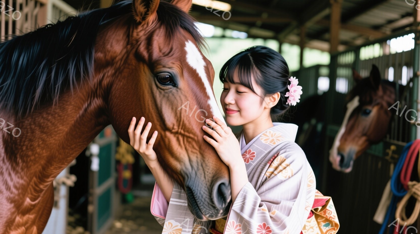 白い花飾りをつけた黒髪を後ろでまとめた若い女性が、茶色の馬の鼻に優しく触れています。彼女は淡いベージュとピンクの桜柄の着物を着ており、幸せそうな笑顔を浮かべています。背景は馬房で、他の馬もわずかに見え、全体的に温かく穏やかな雰囲気が漂っています。