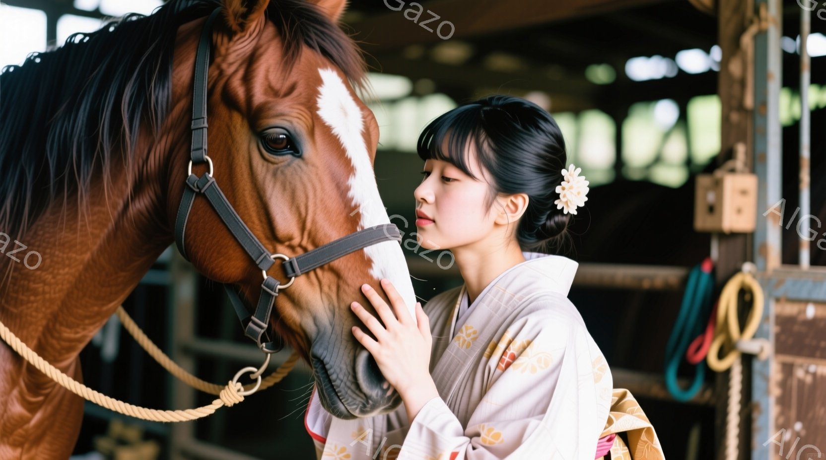 女性はクリーム色の花柄の着物を着ており、髪は後ろでまとめられ、白い花飾りをつけています。彼女は穏やかな表情で茶色の馬の首に優しく触れており、馬もリラックスした様子で静止しています。背景は木製の馬小屋で - AI生成フリー素材