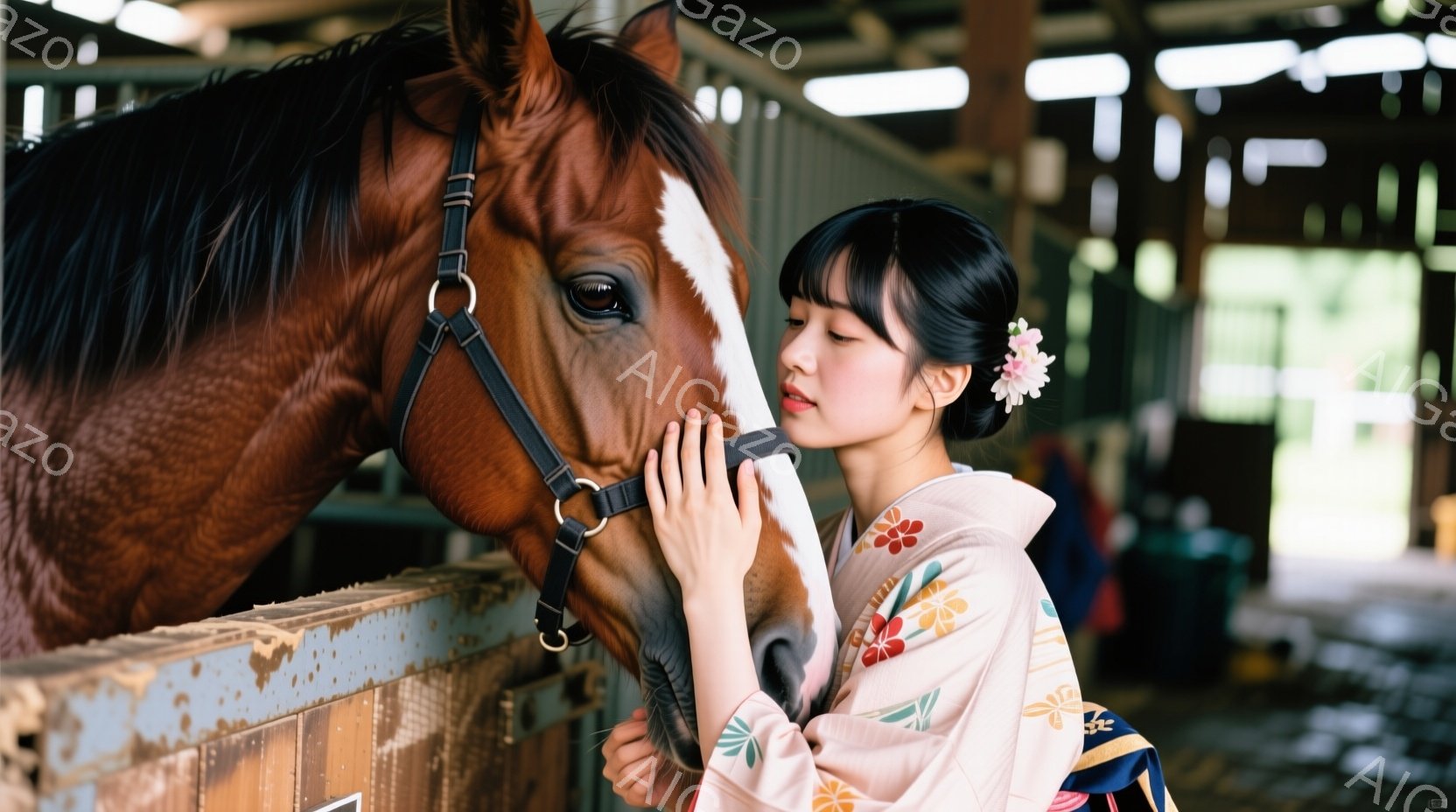 少女は、クリーム色の花柄の着物を着て、馬の鼻に優しく触れています。彼女は髪を後ろでまとめ、髪飾りを付けており、穏やかで幸せそうな表情をしています。背景には木製の馬小屋があり、自然光が差し込み、温かく穏 - AI生成フリー素材
