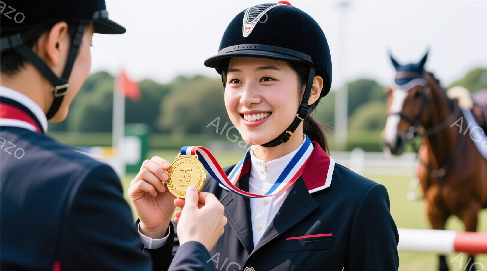 競技会で表彰されている若い女性が写っています。彼女は黒いジャケットに白いシャツ、そして乗馬用のヘルメットを着用しており、満面の笑みを浮かべて金メダルを受け取っています。背景には緑の芝生、競技用の柵、そ - AI生成フリー素材