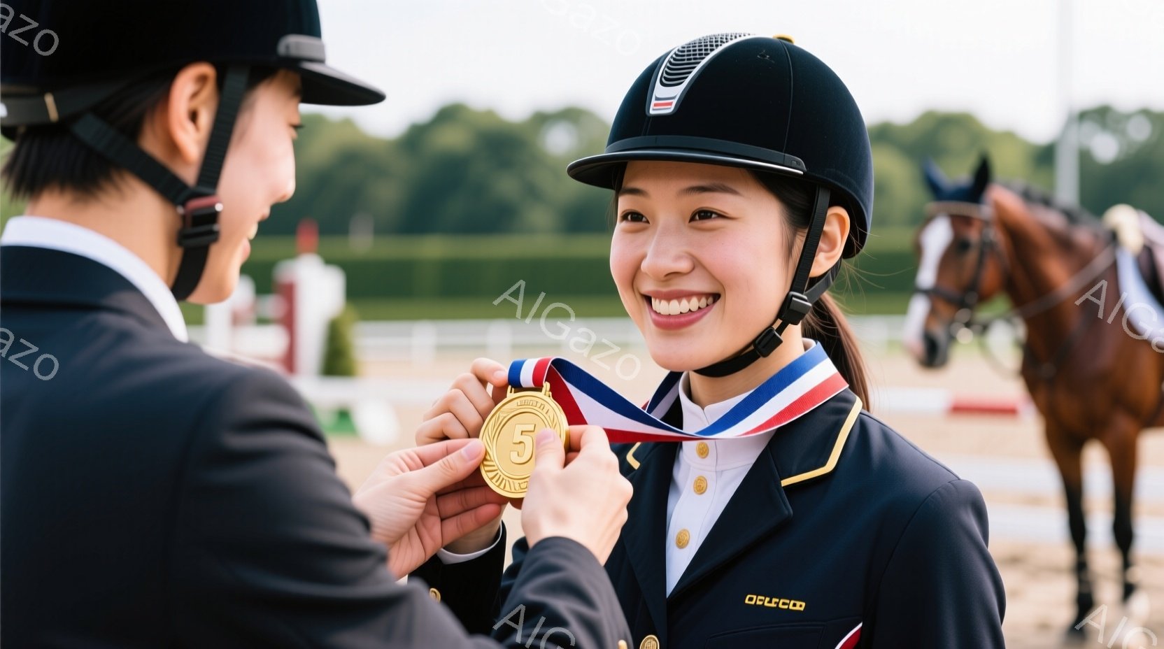 馬術競技の表彰式で、女性競技者がメダルを受け取っている様子が写っています。彼女は紺色のジャケットに白いシャツ、そして黒いヘルメットを着用し、満面の笑顔を浮かべています。背景には緑豊かな自然と観客席が見え、晴天の下、喜びと達成感に満ちた雰囲気が漂っています。