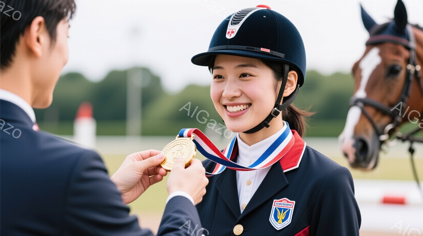 若い女性競技者が表彰台で金メダルを受け取っている場面です。紺色のジャケットに白のシャツ、赤いネクタイをつけ、髪は後ろで一つに結ばれており、笑顔で輝いています。背景には緑豊かな自然と、わずかに見える建物 - AI生成フリー素材