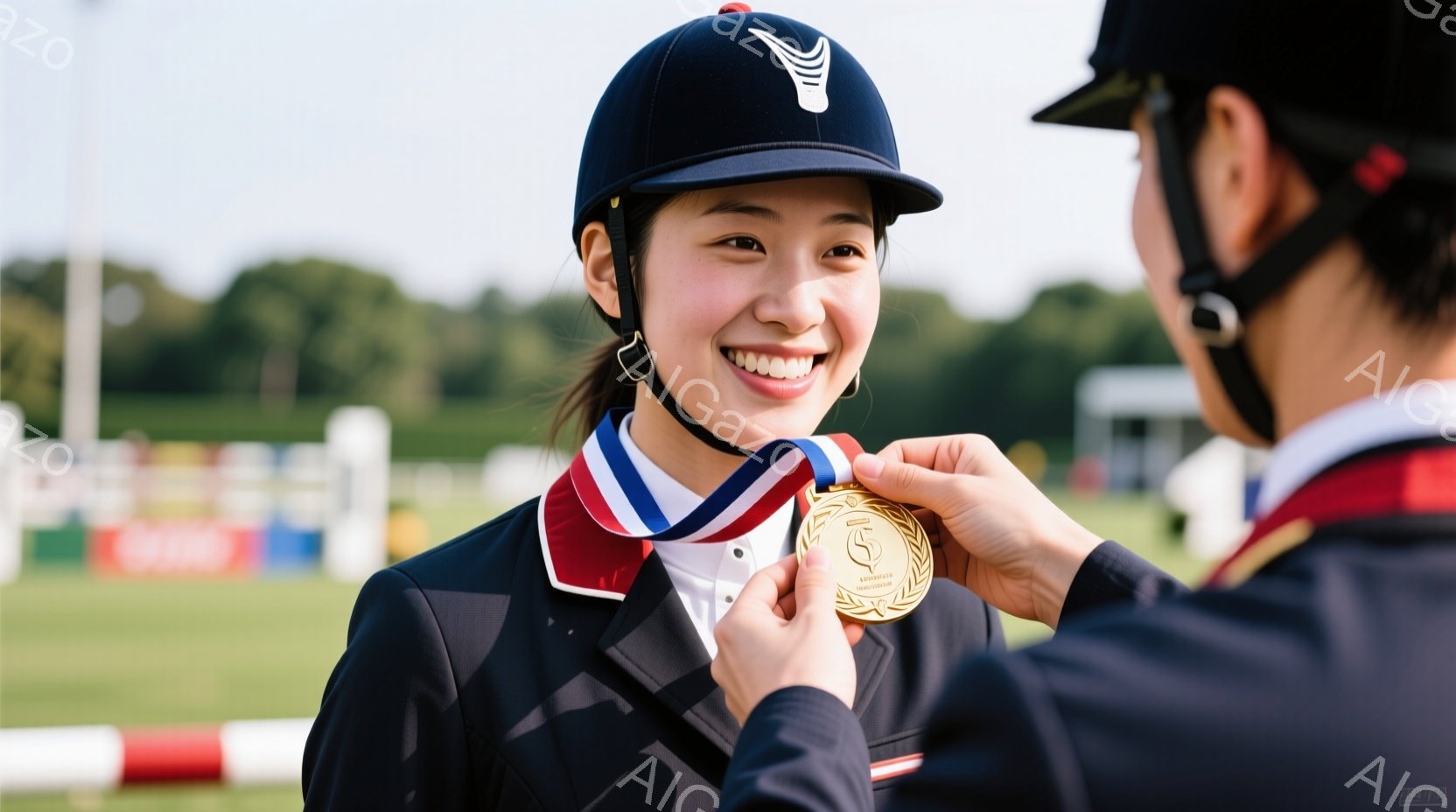 若い女性競技者が、誰かから金メダルを授けられています。彼女は紺色のジャケットと白いシャツを着ており、頭には黒い騎乗用ヘルメットをかぶっています。背景には、緑豊かな木々と、障害物競跳のカラフルな障害物が見え、晴天の下で競技が行われていることがわかります。