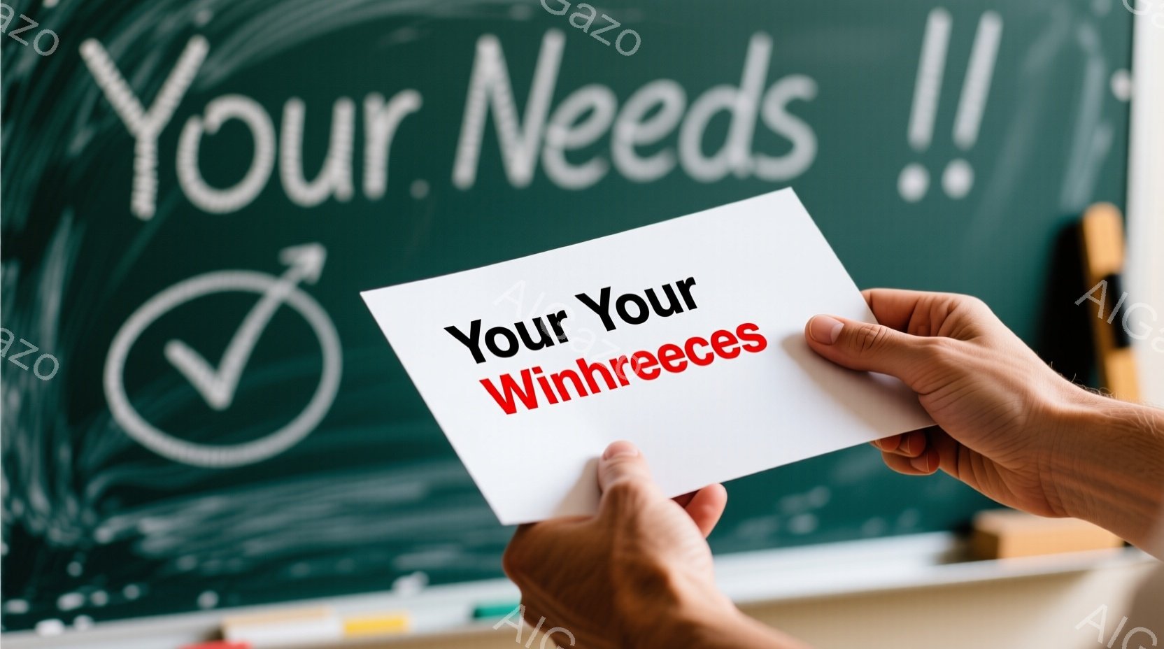 緑色の黒板を背景に、白い紙を両手で掲げている人物の手が写っている。紙には赤い文字で「Your Needs」と書かれており、その上にはチェックマークが描かれている。黒板の背景には、様々な色のチョークが置かれており、教育やアイデアの創造を想起させる雰囲気である。