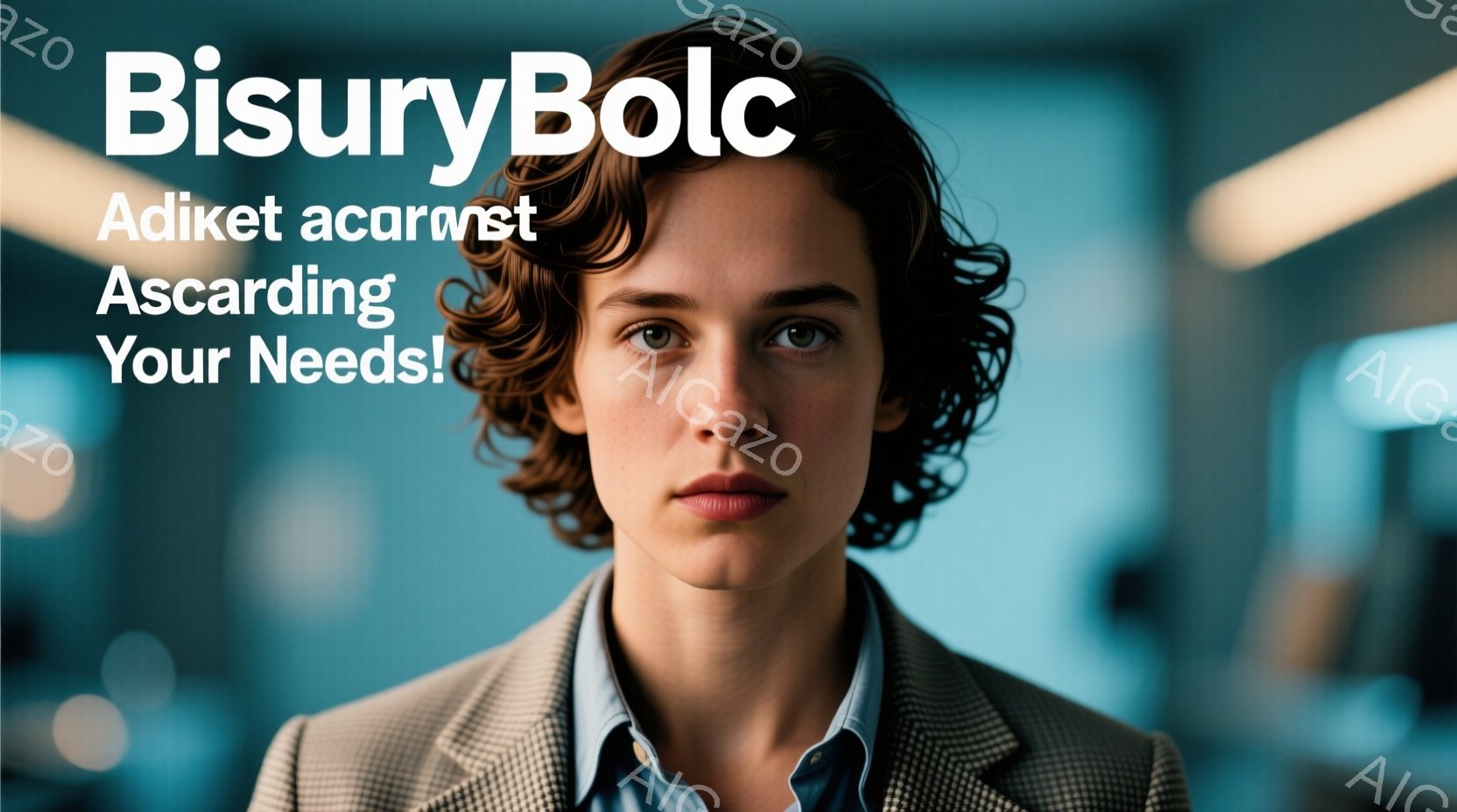 この女性は、灰色のツイードジャケットと、水色のボタンダウンシャツを着ています。彼女は髪をカールさせており、顔は真剣な表情で、カメラの方をまっすぐ見つめています。背景はぼやけていますが、オフィスのような - AI生成フリー素材