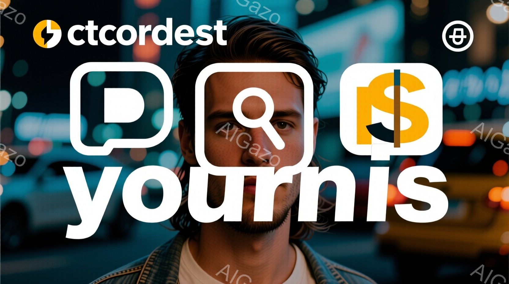 顎ひげを生やした男性が写っており、白い縞模様のTシャツとベージュ色のジャケットを着ています。彼はカメラを見つめ、真剣な表情をしています。背景は夜の都市の明かりで、ぼやけており、全体的に少し憂鬱で、都会 - AI生成フリー素材