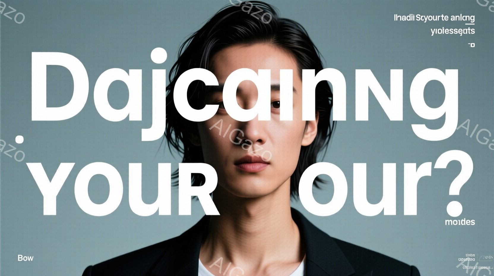 黒いジャケットを着て、顔の半分が隠れている女性が写っています。彼女は口を少し開けており、どこか挑発的な表情をしています。背景は白で、大きな「YOUR」という文字が配置されており、全体的に洗練されたモダ - AI生成フリー素材