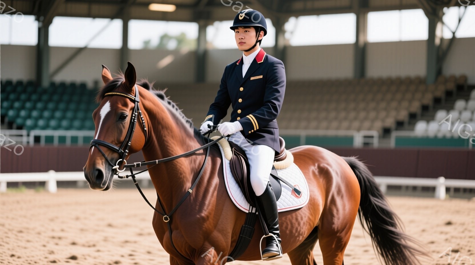 栗色の馬に乗った男性が写っている。彼は黒いジャケット、白いズボン、黒いブーツという乗馬服を身につけ、頭にはヘルメットをかぶっている。背景には観客席が見え、屋内競技場であることがわかる。