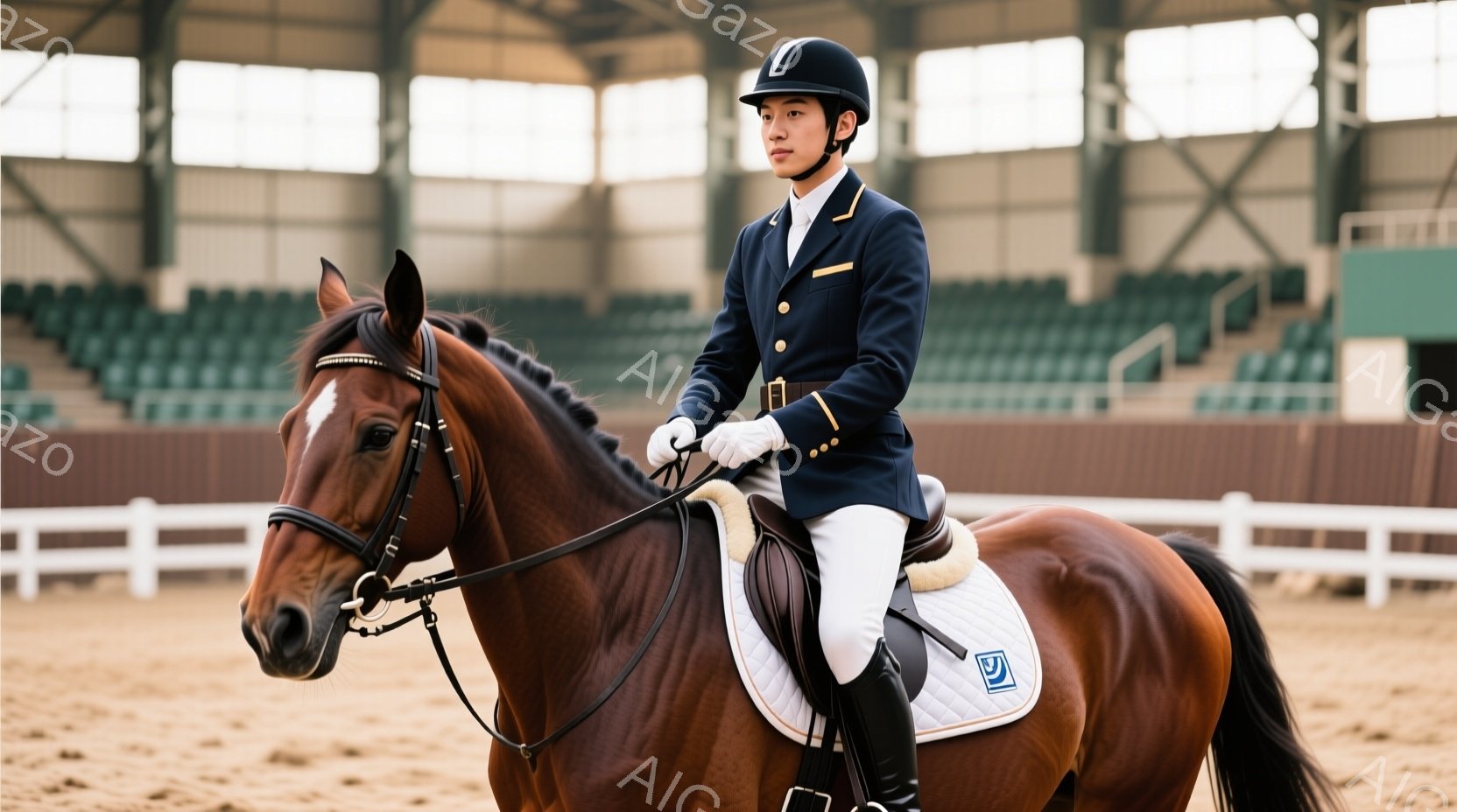 茶色の馬に乗った男性は、紺色のジャケット、白いシャツ、白い乗馬ズボン、黒いブーツ、ヘルメットを着用し、乗馬競技を行っている。彼は姿勢を正し、馬を制御しながら前を見据えている。背景には観客席が見え、屋内 - AI生成フリー素材