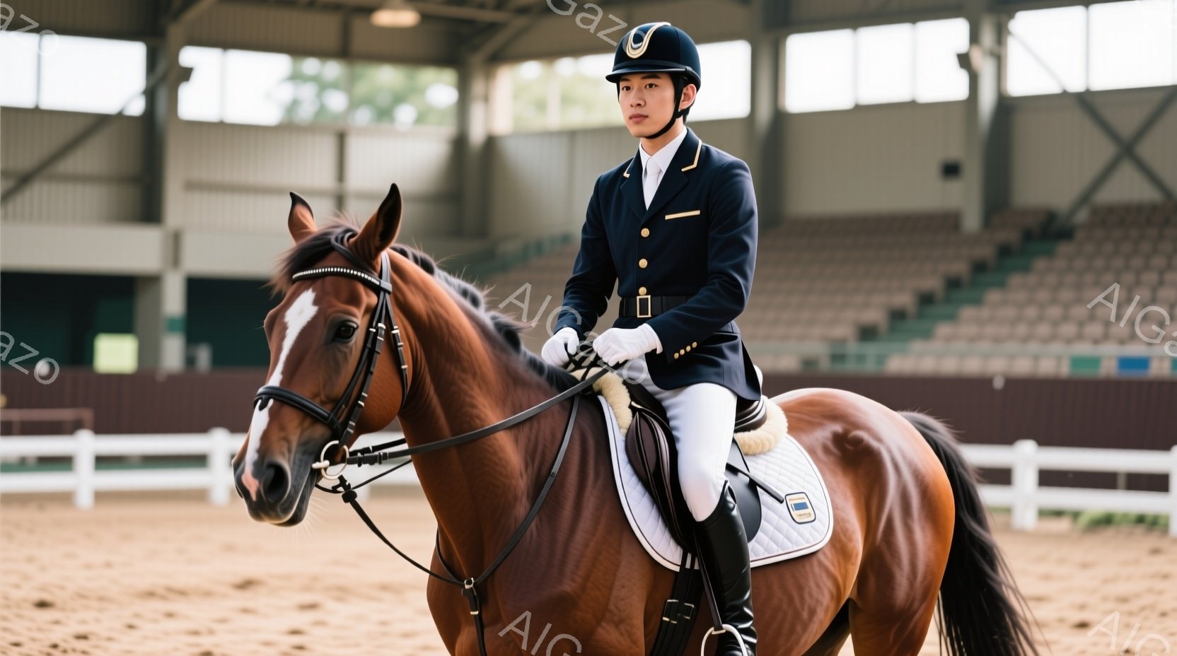 栗色の馬に乗った男性は、競技用の服装を身に着けている。濃紺のジャケット、白いズボン、黒いブーツ、そして白い手袋が特徴的で、ヘルメットを被り、凛々しい表情でまっすぐ前を見つめている。背景には観客席が見え、室内馬場であることがわかる。