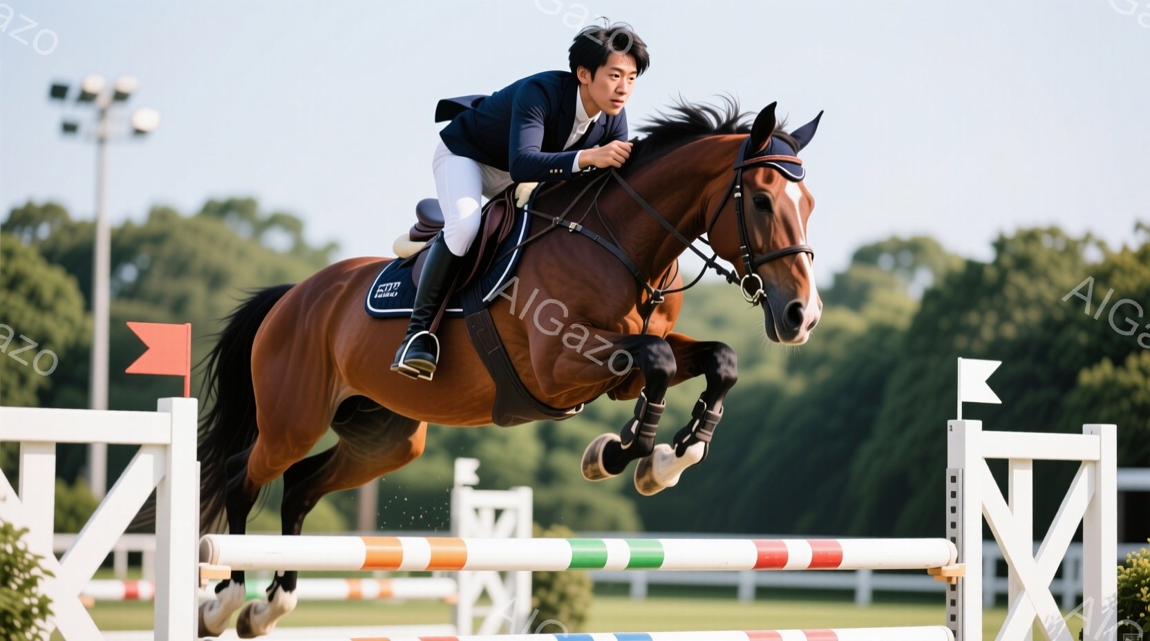 茶色の馬に乗った競技者が障害物を飛び越えている様子が捉えられています。競技者は紺色のジャケットと白いズボンを着用し、集中した表情で馬に跨がっています。背景には緑豊かな木々が広がり、晴れた空の下、競技と自然が調和した美しい光景が広がっています。