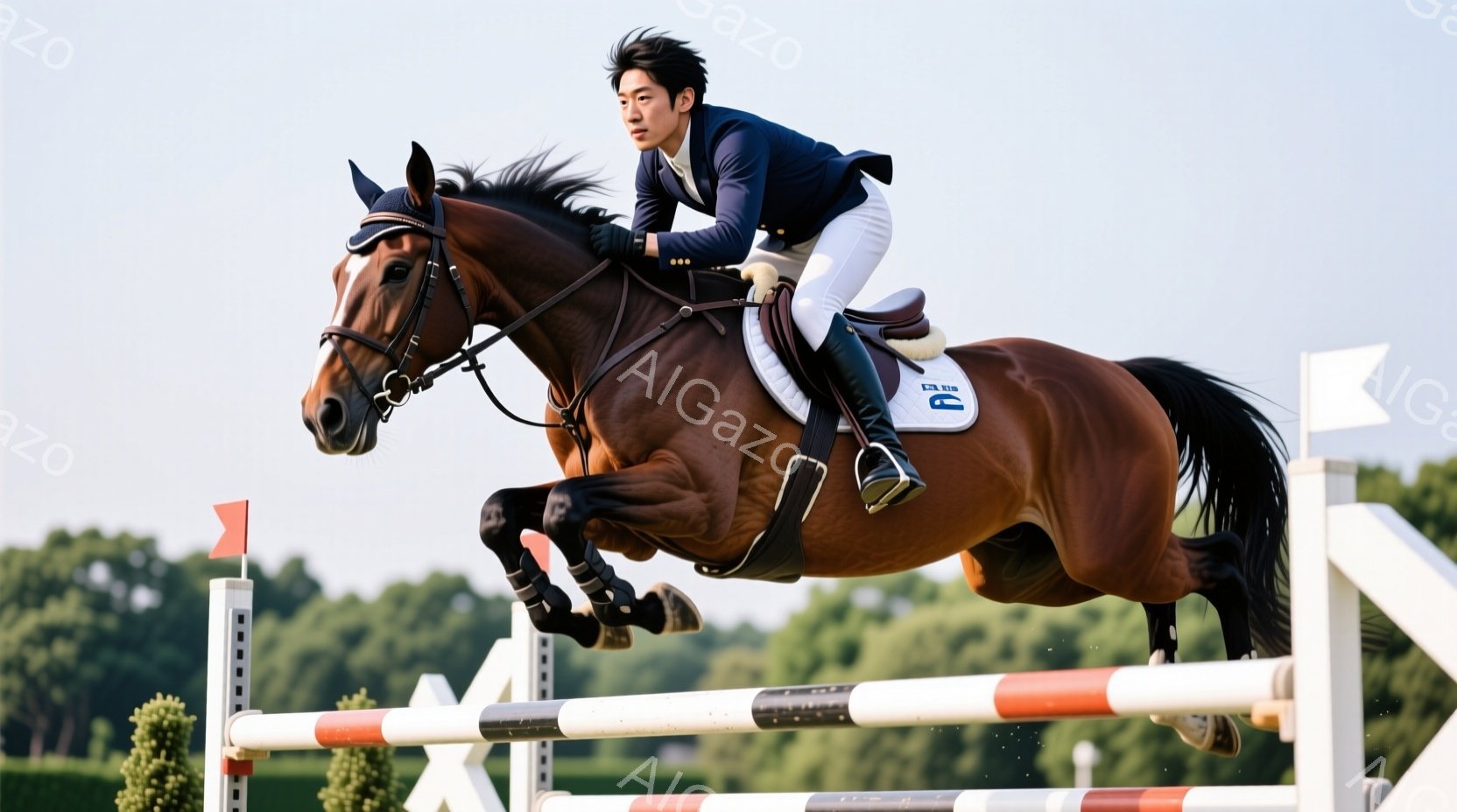 茶色の馬が障害物を飛び越えようとしている瞬間を捉えた写真です。競技者は紺色のジャケット、白いズボン、黒いブーツを着用し、髪は短く整えられています。背景には緑豊かな木々や芝生、そしてわずかに見える建物があり、晴れた日の屋外競技の様子を表しています。