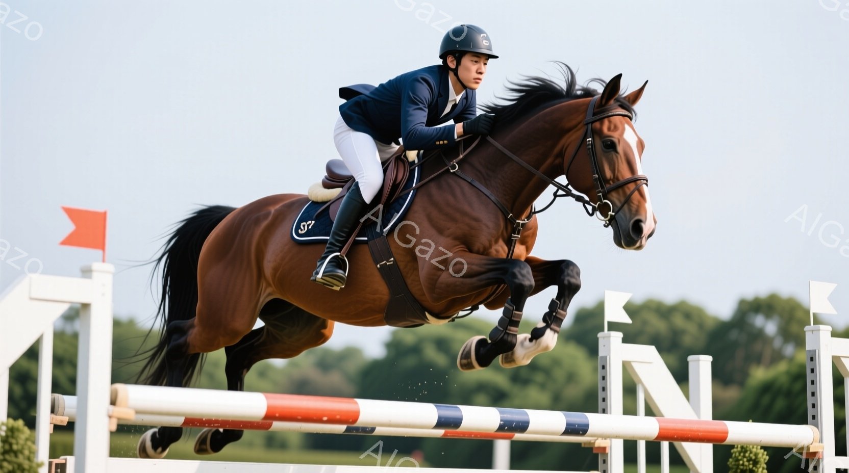 茶色の馬に乗った競技者が障害飛越に挑戦している様子が写っている。競技者は濃い青色のジャケット、白いズボン、黒いヘルメットを着用し、集中した表情で馬を操っている。背景には緑豊かな木々や空が広がり、晴天の下、競技に集中する活気ある雰囲気が伝わってくる。