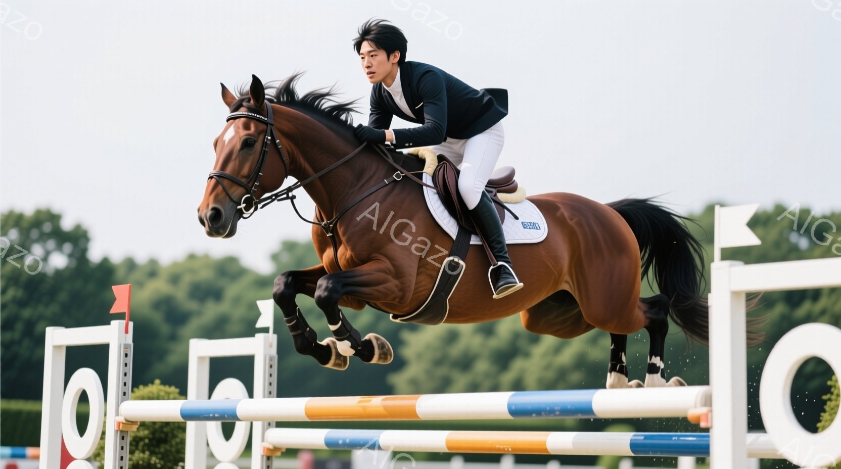 茶色の馬が障害物を飛び越えている様子が写っている。ライダーは白の乗馬ズボンと黒のジャケットを着用し、黒髪を短く整えている。背景には緑豊かな木々と青空が見え、晴れた日の競技の雰囲気が伝わってくる。