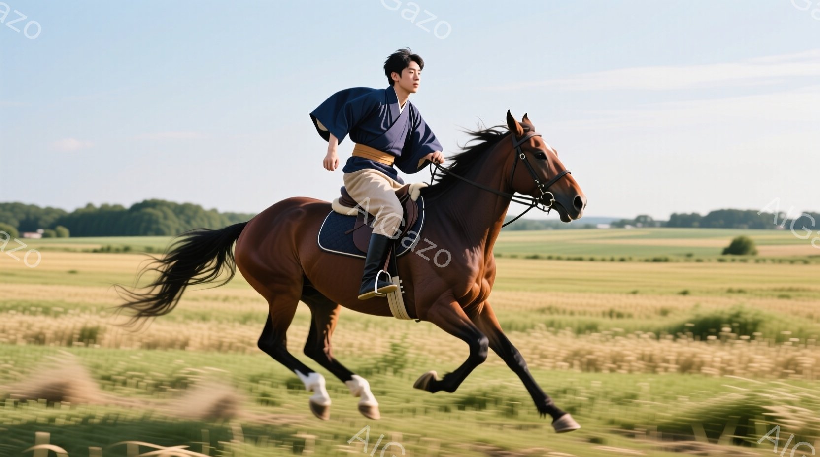 広大な草原を栗色の馬が疾走している。男性は藍色の着物のような上着とクリーム色のズボンを着用し、黒髪を後ろで束ねている。背景には緑豊かな木々が見え、晴天の下、馬と男性は力強く草原を駆け抜けている様子が、躍動感と開放感を漂わせている。