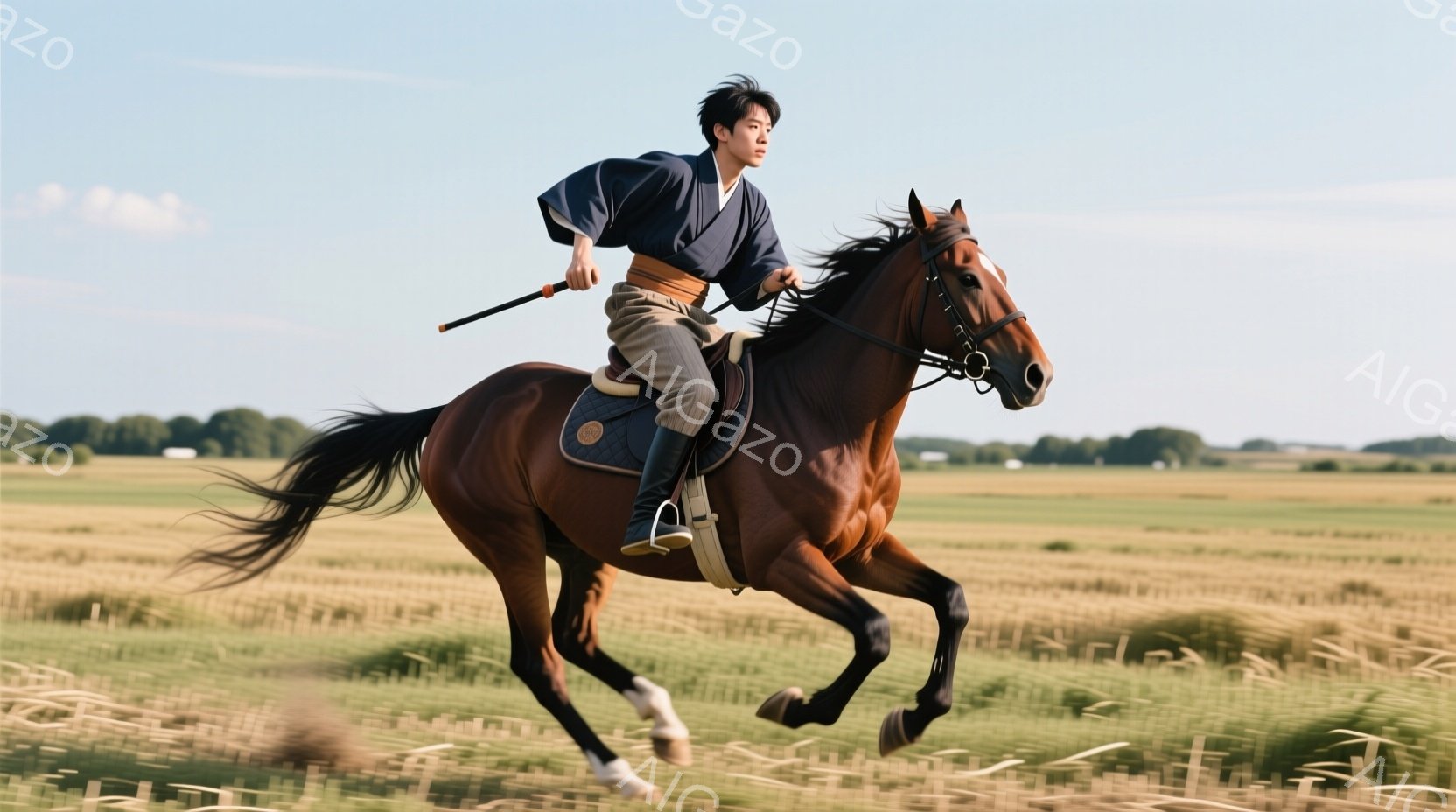 若い男性が茶色の馬に乗って草原を疾走している。着ているのは藍色の着物で、白い帯が締まっている。背景は黄金色の草原が広がり、遠くには緑の木々が見える、晴天の下、躍動感と力強さを感じさせる一枚である。 - AI生成フリー素材