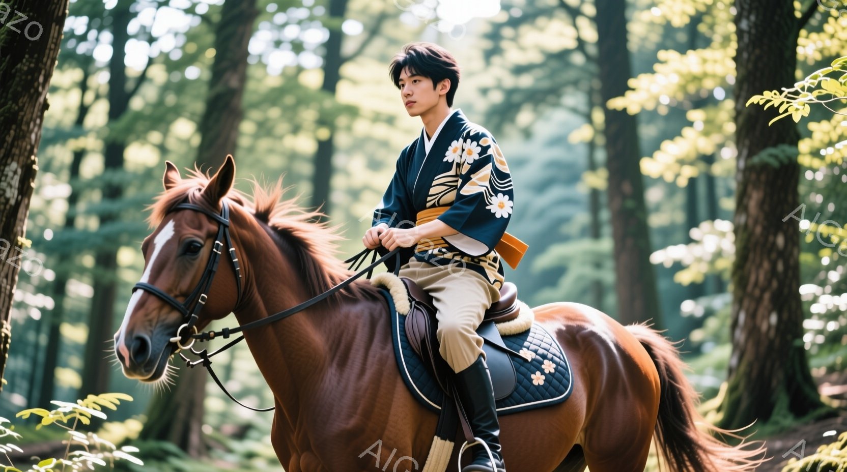 若い男性が茶色の馬に騎乗している。彼はクリーム色のズボンと、青地に白い花模様の着物を着ており、黒い帯で締めている。背景は木々が生い茂る森で、光が差し込み、穏やかで静かな雰囲気を醸し出している。 - AI生成フリー素材