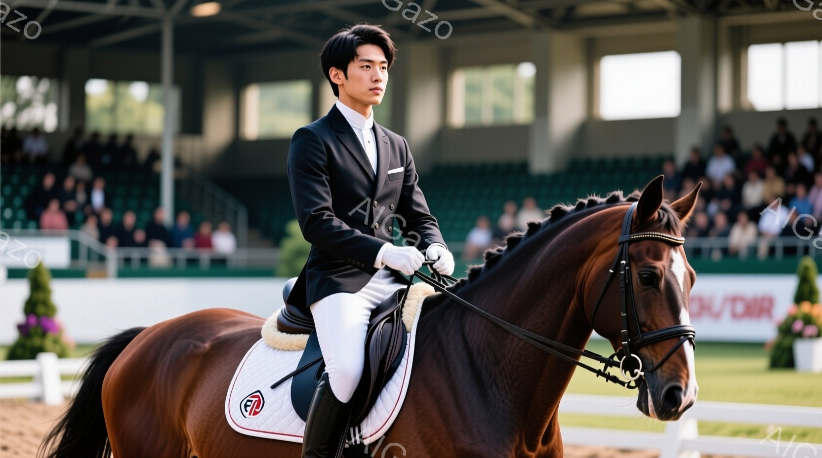 深い栗色の馬に乗った男性は、黒いジャケット、白いシャツ、白い乗馬ズボンという乗馬競技用の服装をしています。彼は顔つきは真剣で、視線は前方に固定されており、姿勢は非常にまっすぐで、馬との一体感を示しています。背景には観客席と一部の自然が見え、競技会場であることがわかります。