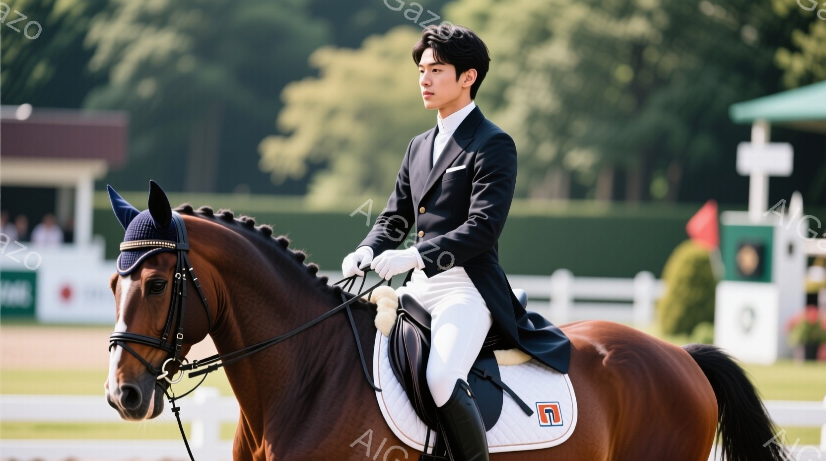 深い栗色の馬に乗った男性は、黒のジャケット、白いズボン、黒いブーツという乗馬服を着用し、きっちりとした姿勢で馬の背中に座っています。彼は短く整えられた黒髪で、表情は真剣で集中しており、馬と一体となって - AI生成フリー素材