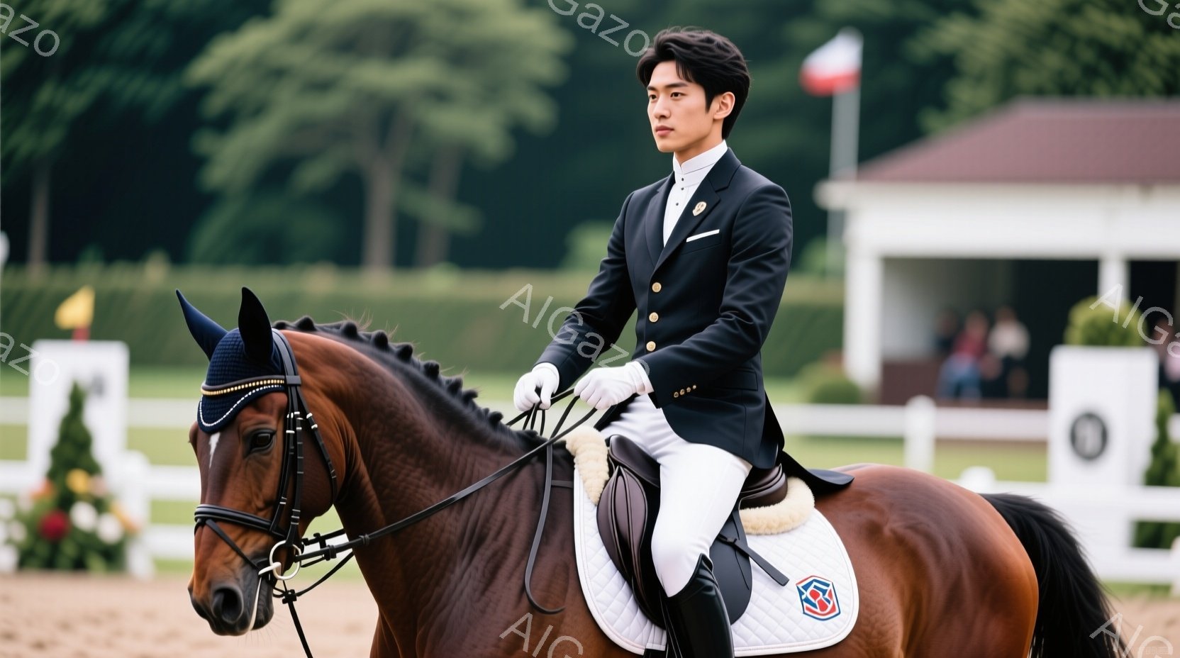 栗色の馬に乗った男性は、黒いジャケットと白いズボン、革製のブーツという乗馬服を身につけている。彼は姿勢を正し、やや前方を見据えた表情で、熟練した騎手としての自信を漂わせている。背景には白いフェンスと建物が見え、晴れた日の乗馬競技会のような、洗練された雰囲気が漂っている。