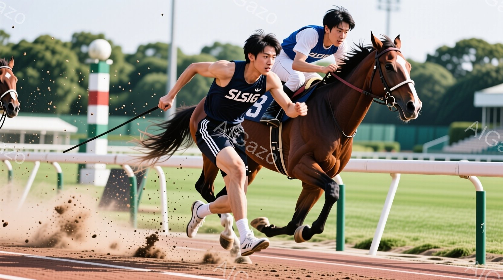 競馬場で、黒い馬に乗った若い男性が疾走している様子が捉えられています。男性は黒いタンクトップと短パン姿で、髪は短く、集中した表情で手綱を握っています。背景には緑の芝生と観客席が見え、晴れた空の下、競技 - AI生成フリー素材