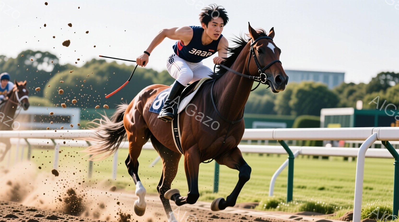 茶色の馬に乗ったジョッキーが、競馬場で疾走している様子が捉えられています。ジョッキーは白と黒のストライプの半袖ユニフォームと白いズボンを着用し、濃い髪は短く整えられています。背景には緑豊かな木々と競馬場の建物が見え、晴天の下、馬が土煙を巻き上げながら力強く走り抜ける様子が、躍動感あふれる瞬間を捉えています。