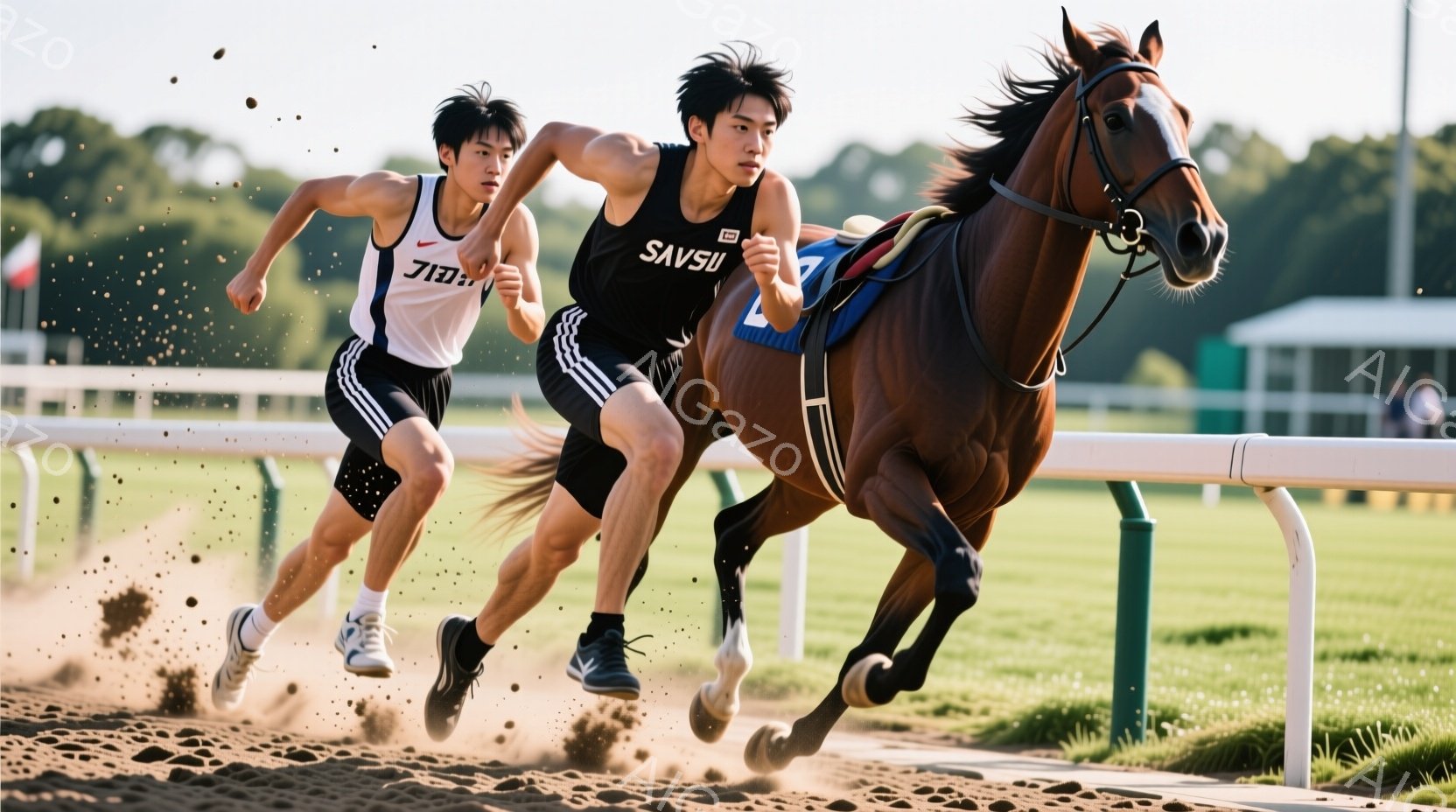 2人の若い男性と1頭の栗色の馬が競馬場で並んで走っている。男性たちは黒いランニングショーツとタンクトップを着用し、髪は短く整えられている。背景には緑の芝生と木々が見え、晴天で活気に満ちた雰囲気である。