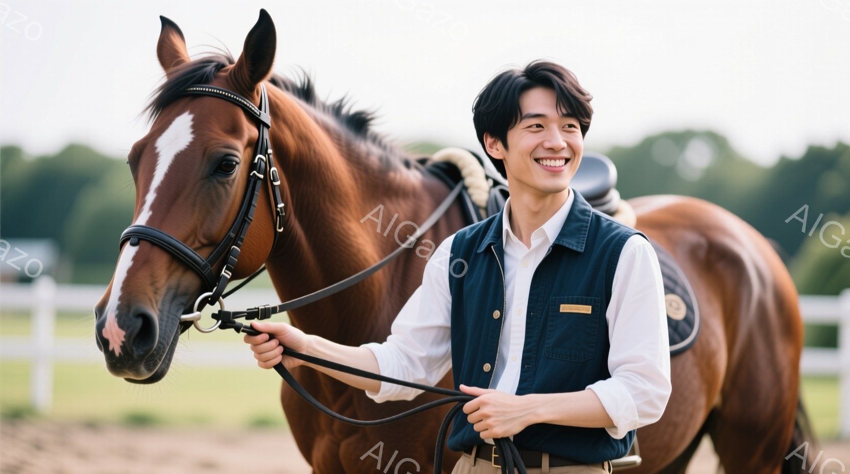 若い男性が茶色の馬の隣に立っており、笑顔を浮かべている。彼は白いシャツに濃い青色のベスト、ベージュ色のズボンを着用しており、髪は短く整えられている。背景には白い柵と緑豊かな自然が広がり、晴天の下、リラックスした雰囲気が漂っている。