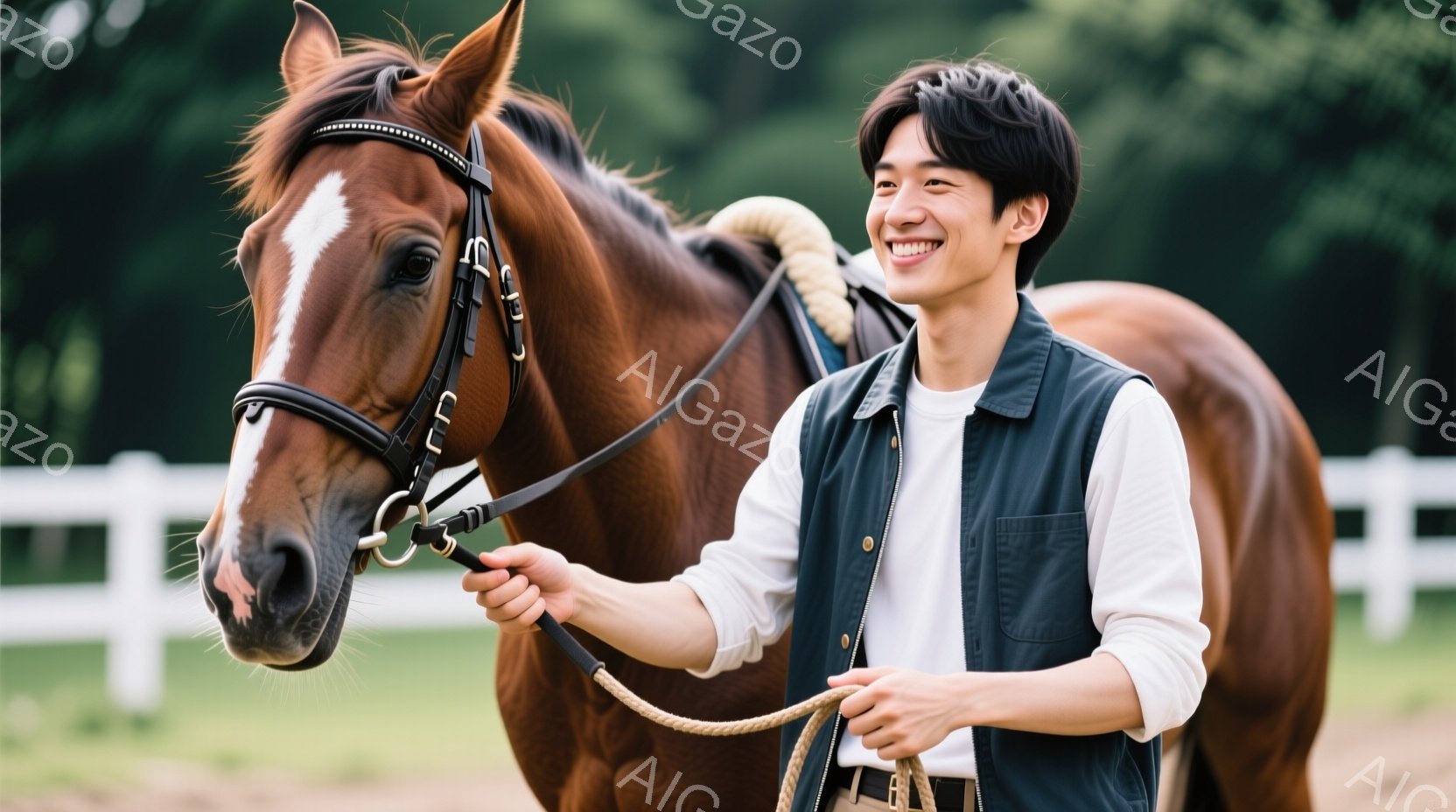 若い男性が茶色の馬の隣で立っており、微笑んでいます。彼は白い長袖シャツにネイビーのベストを着用し、短く整えられた髪型をしています。背景には白い柵と緑豊かな木々が見え、晴れた日の穏やかな雰囲気が感じられ - AI生成フリー素材