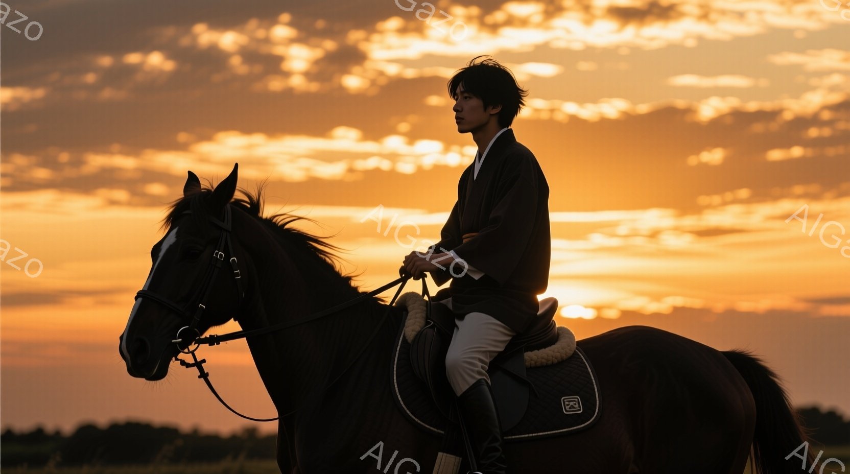 黒い馬に乗った男性がシルエットで描かれている。彼は白いズボンと黒いジャケットを着用し、髪は短く整えられている。背景は夕焼けで、空はオレンジと黄色のグラデーションで、穏やかで幻想的な雰囲気を醸し出してい - AI生成フリー素材