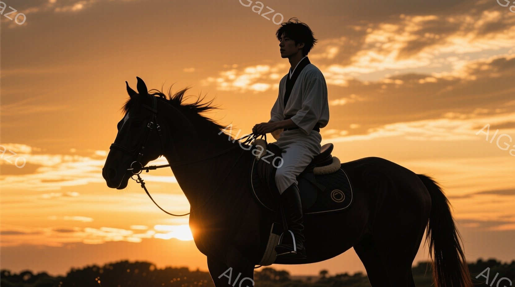 黒い馬に乗った男性がシルエットで描かれている。彼は白いシャツと黒いズボンを着用し、髪は無造作にセットされている。背景は夕焼けに染まった空と草原で、全体的に静かでドラマチックな雰囲気を醸し出している。 - AI生成フリー素材