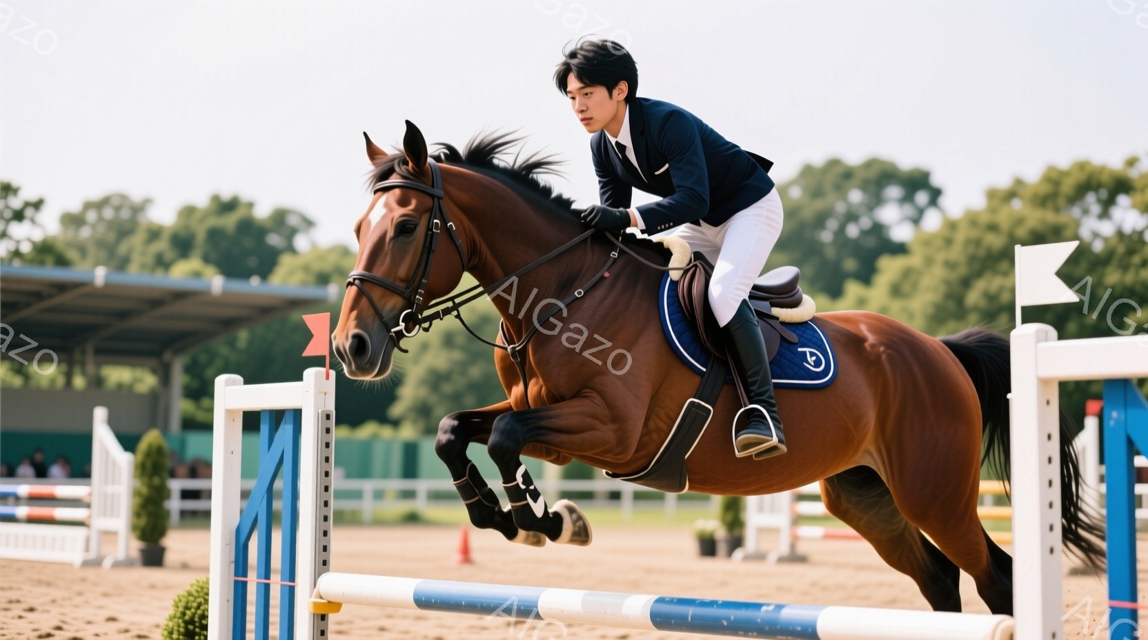 濃い栗色の馬が障害飛越を行っており、騎手は紺色のジャケットと白いズボンを着用し、集中した表情で姿勢を保っています。背景には観客席や緑豊かな木々が見え、晴天の下、競技場全体が活気に満ちた雰囲気に包まれています。馬の力強さと騎手の技術が組み合わさり、躍動感あふれる瞬間を捉えた写真です。