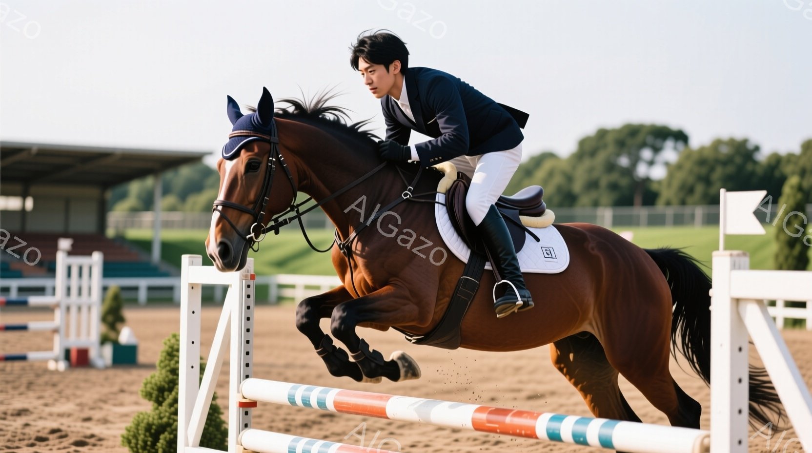 茶色の馬が障害飛越の瞬間を捉えた写真です。ライダーは紺色のジャケットと白いズボンを着用し、黒髪を短く整えています。背景には緑の芝生と白い建物が見え、晴れた日の競技場の様子がわかります。