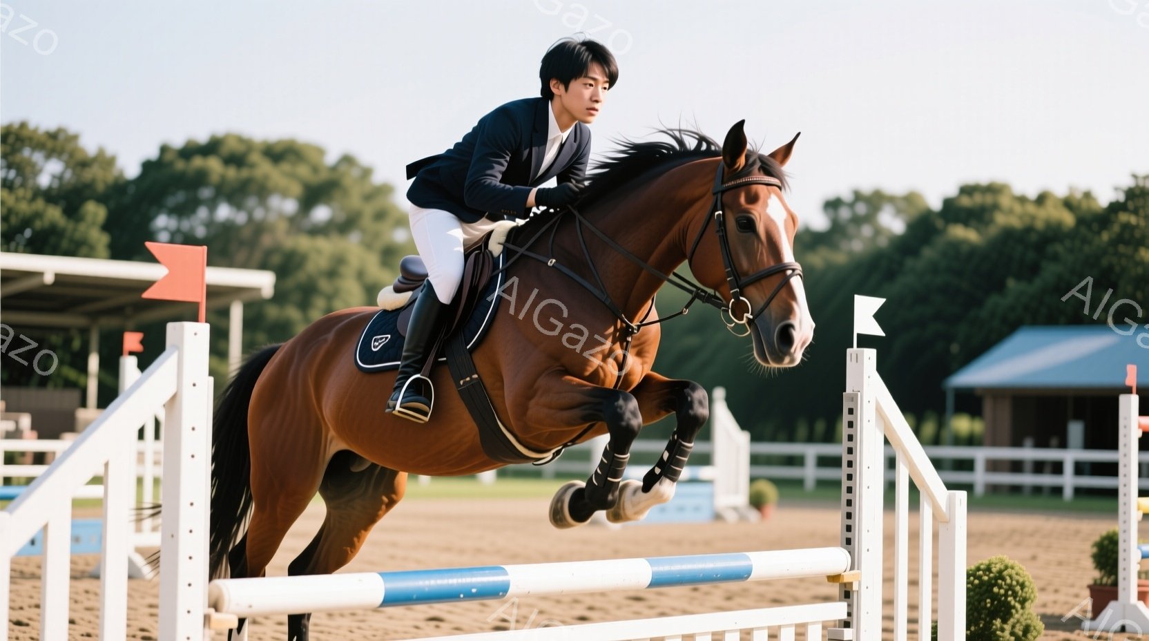 競技会で馬に乗っている男性が写っている。彼は濃い青色のジャケットと白いズボンを身につけ、短髪で集中した表情をしている。背景には白いフェンスと障害物、そして緑豊かな木々が見え、晴れた日の屋外の競技場とい - AI生成フリー素材