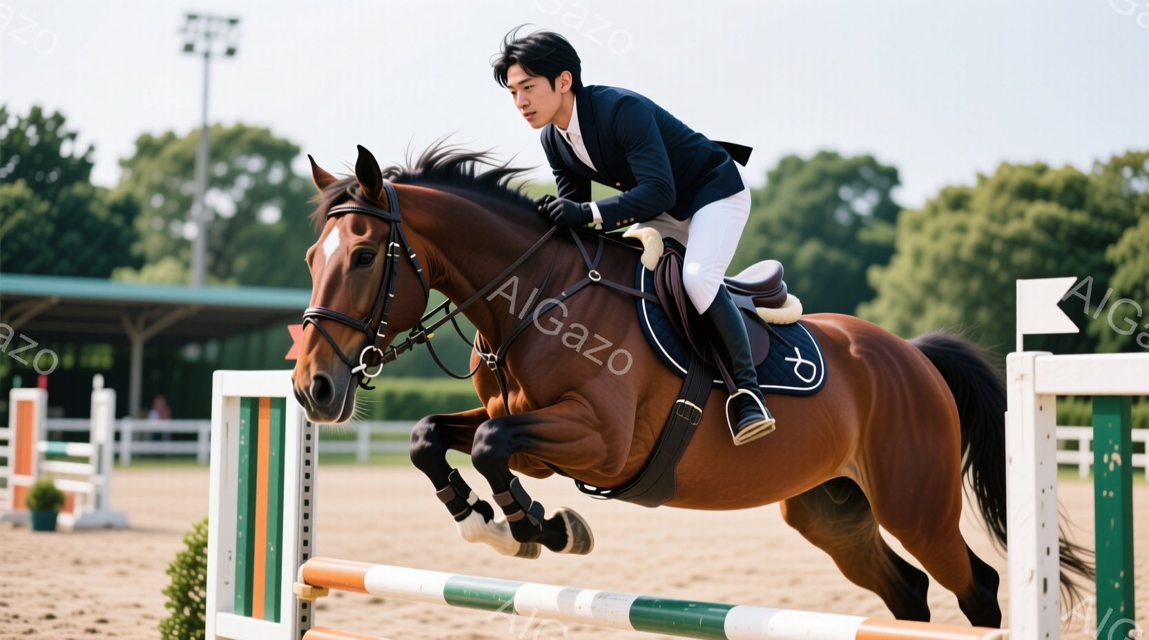 栗色の馬が障害飛越の瞬間を捉えた写真です。競技者は紺色のジャケットと白いズボンを着用し、黒髪を短く整えています。背景には緑豊かな木々や競技施設が見え、晴天の下、活気ある競技の雰囲気が伝わってきます。