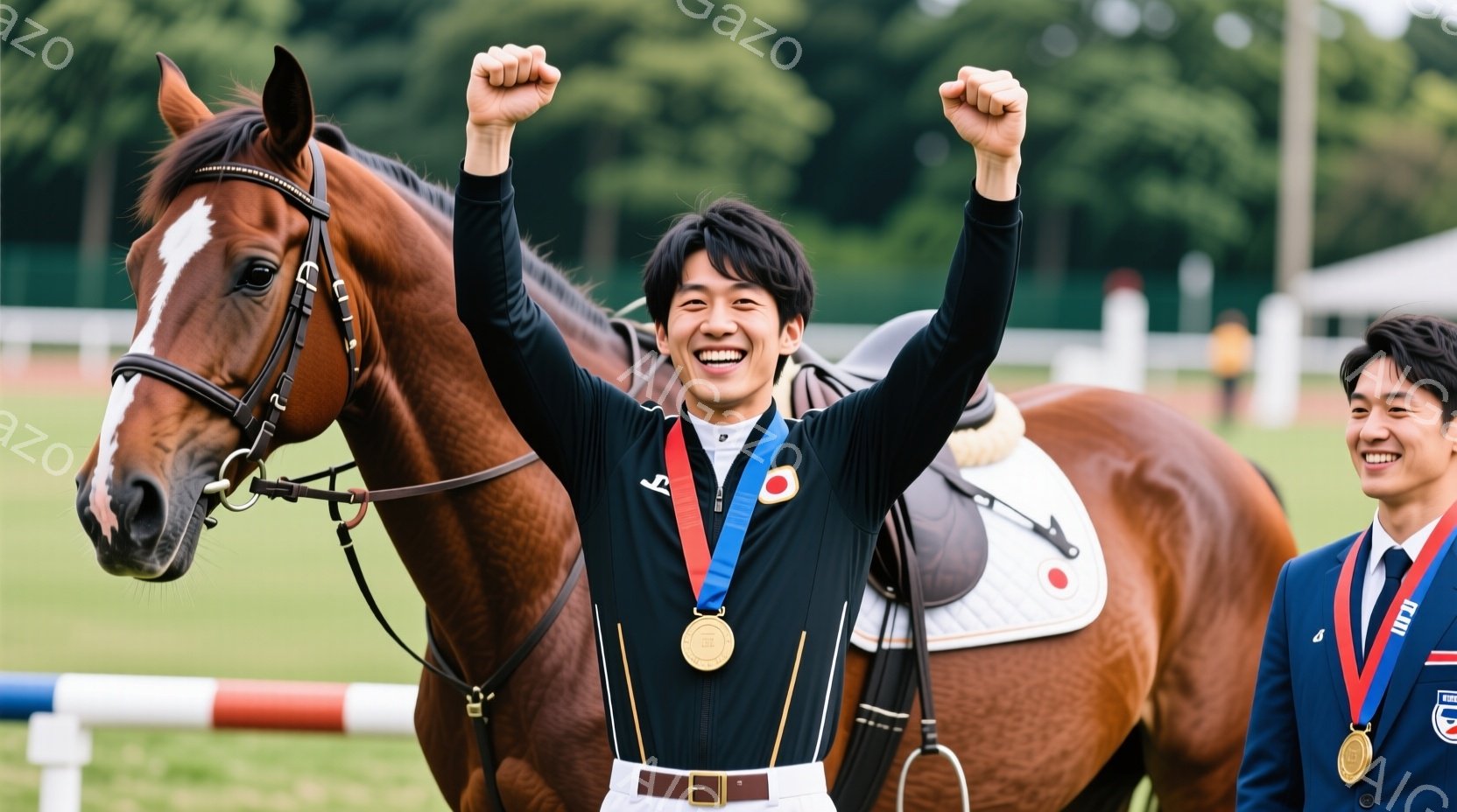 茶色の馬に乗った若い男性競技者が写っており、両手を高く上げて勝利を祝っています。彼は黒い乗馬服にメダルをかけ、白い乗馬ズボンを着用しており、満面の笑みを浮かべています。背景には緑豊かな芝生と馬術の障害物があり、晴天の下、勝利の喜びと活気に満ちた雰囲気が伝わってきます。
